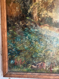 Early 20th Century Oil on Board In Oak Frame: Moody Forest