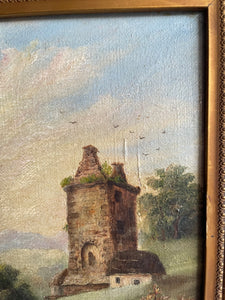 Sheep on a Hill : Small 19th Century Oil on Canvas