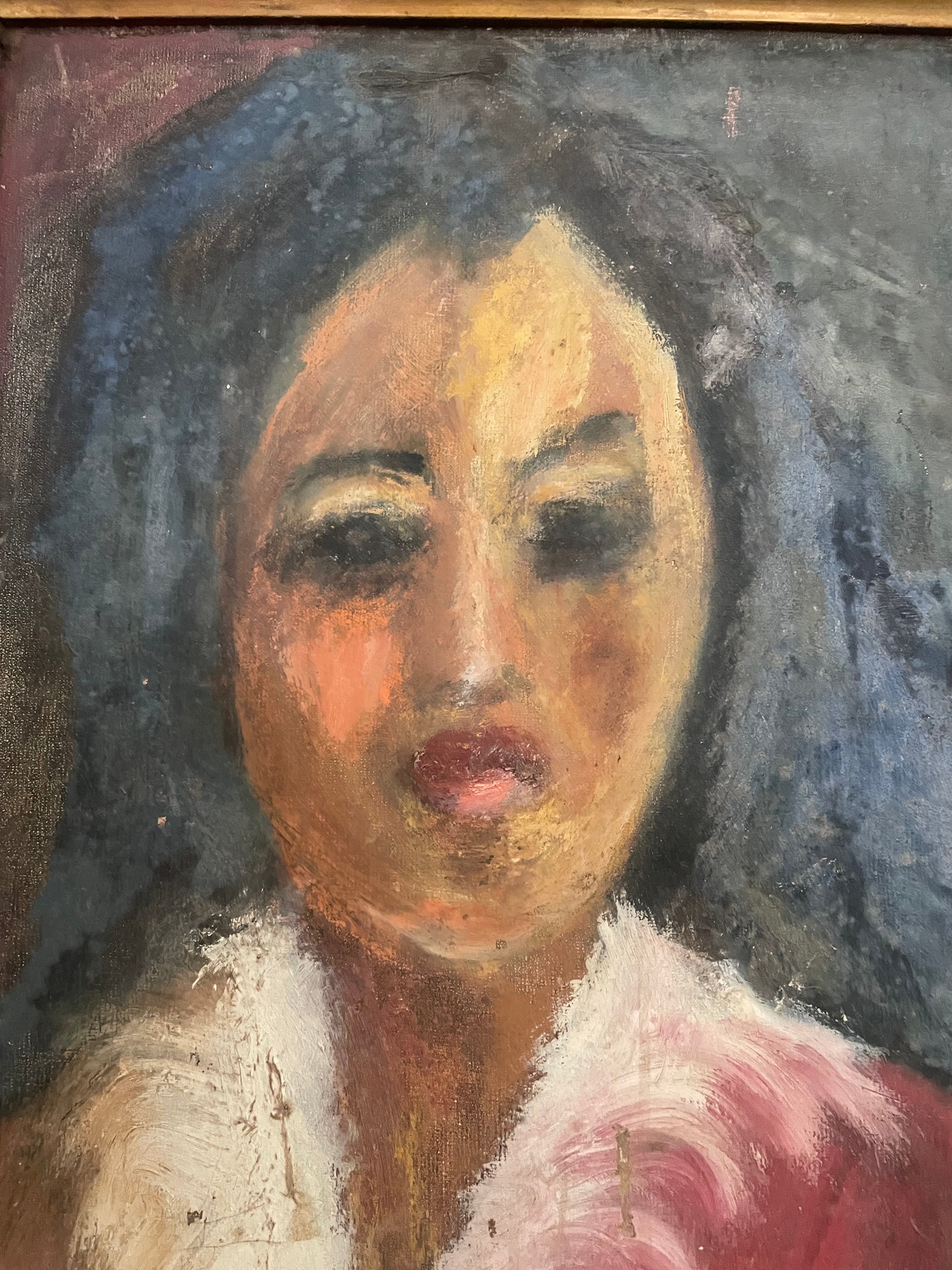Impressionist Style Portrait with Feather Cape: Mid 20th Century Oil on Board