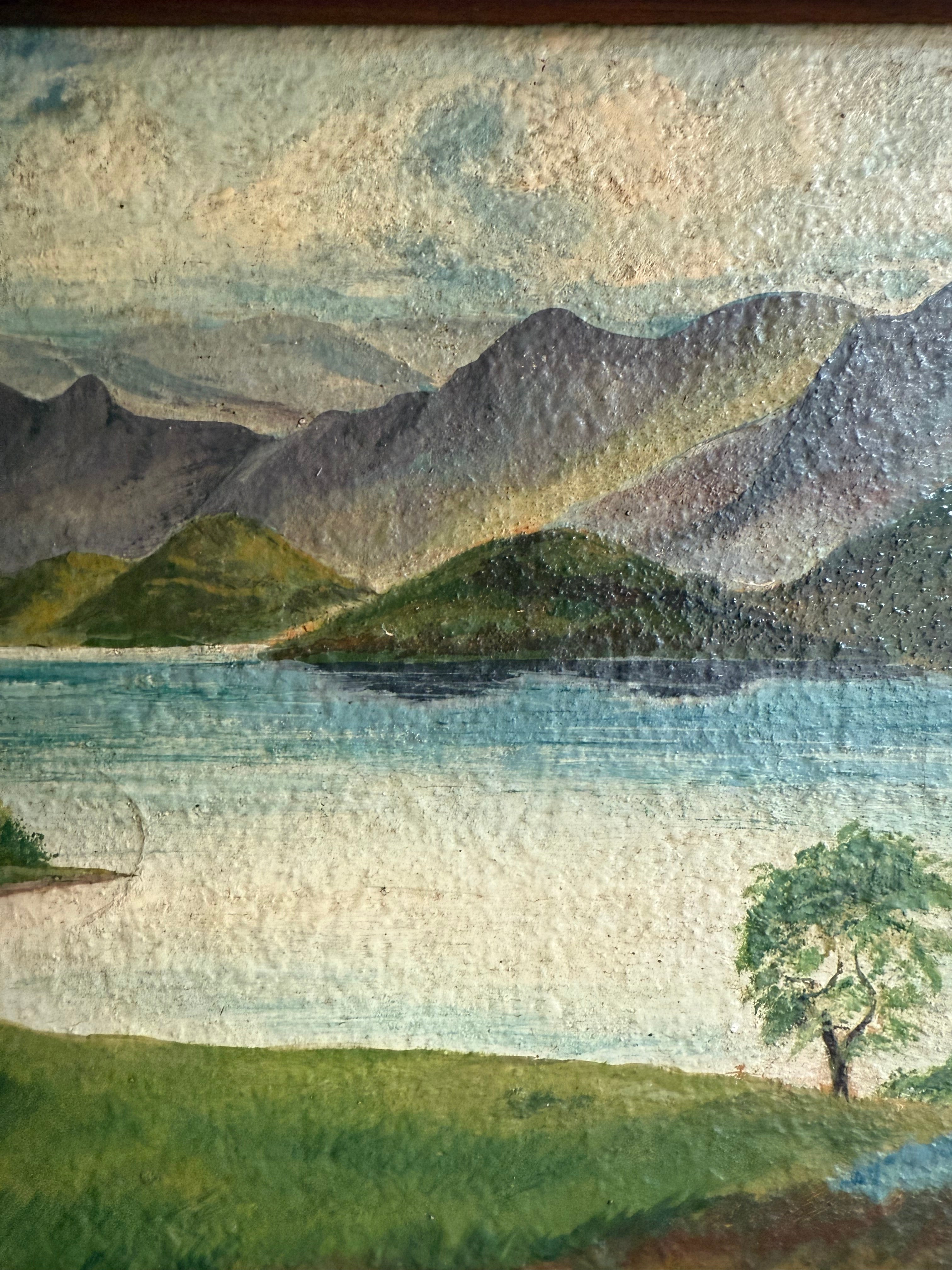 A view of the Lake: Victorian Landscape Oil on Wood Panel