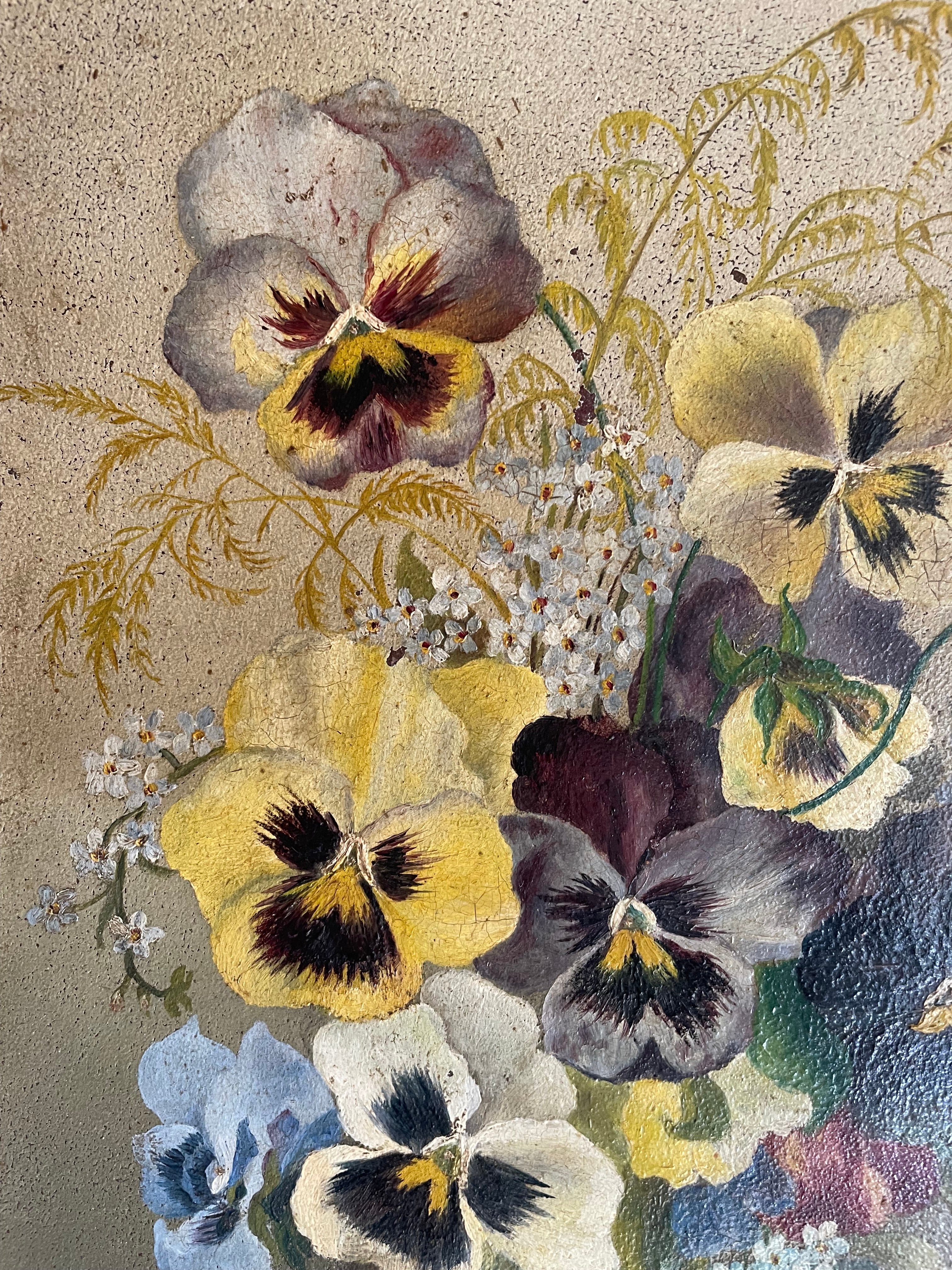 Floral Still Life of Pansies: Antique Oil on Board