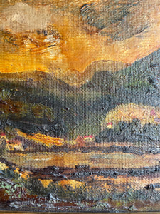 Moody Sunset: Impasto Oil on Hessian pasted on Board