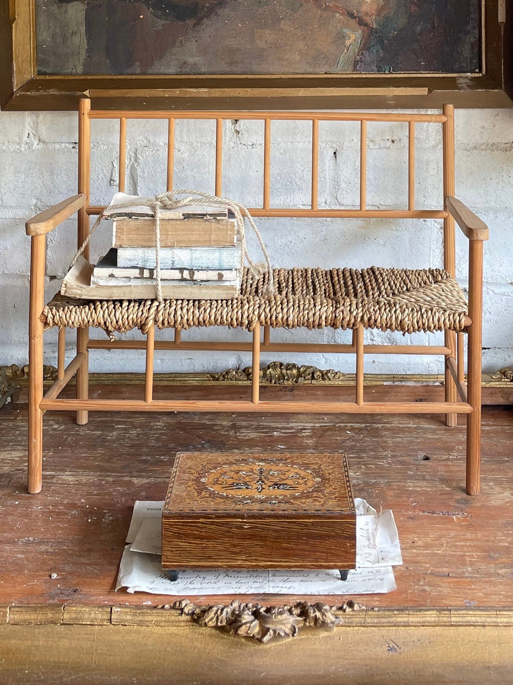 Miniature Pine and Rush Twine Bench