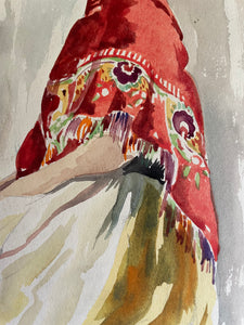 Women with shawl: Watercolour & Ink Painting Circa 1940s