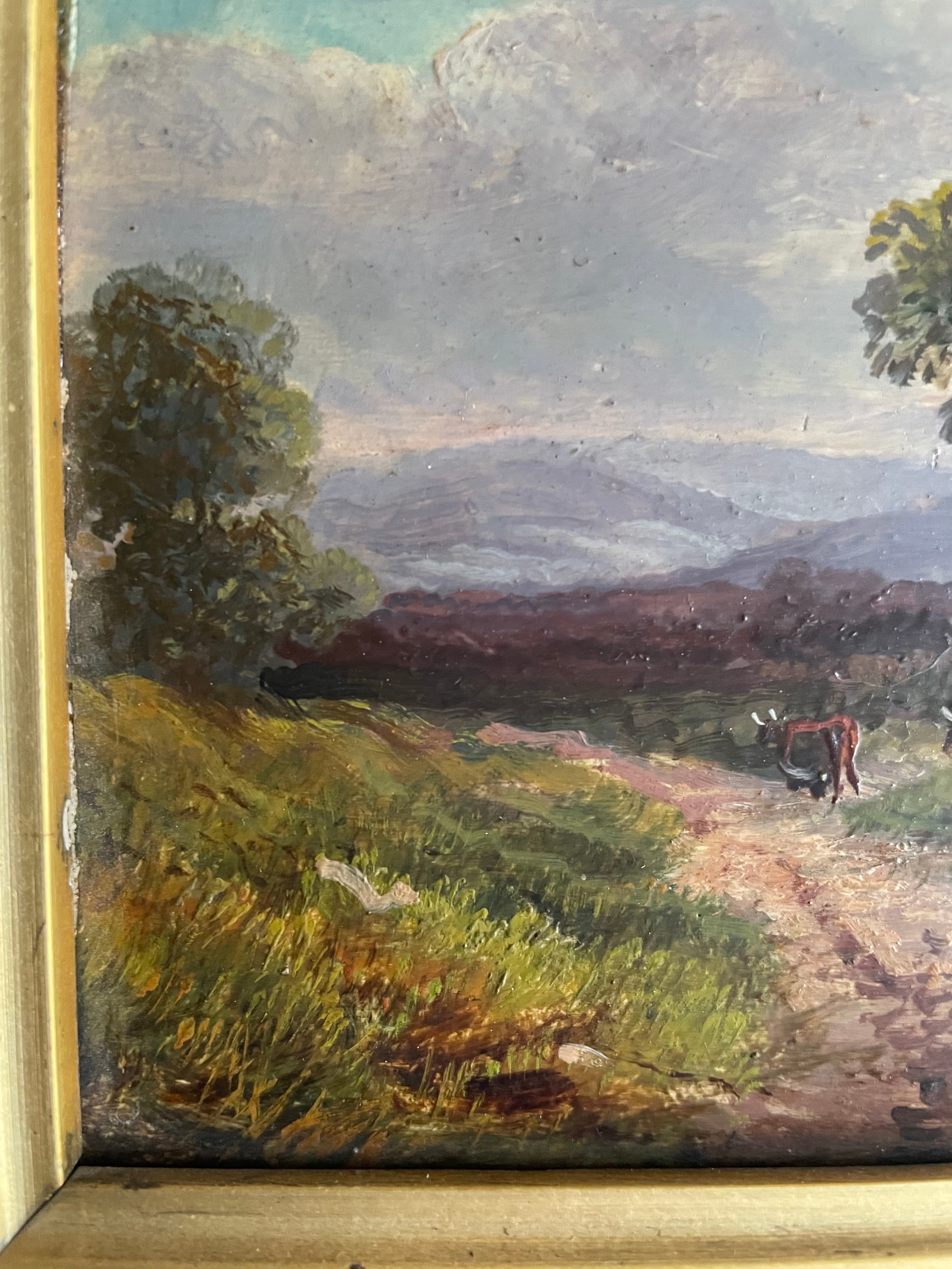 Rural Landscape with Cows Grazing: 19th Century Signed Oil on Wood with Gilt Frame