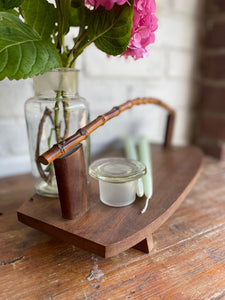 Midcentury wooden platter with bamboo handle