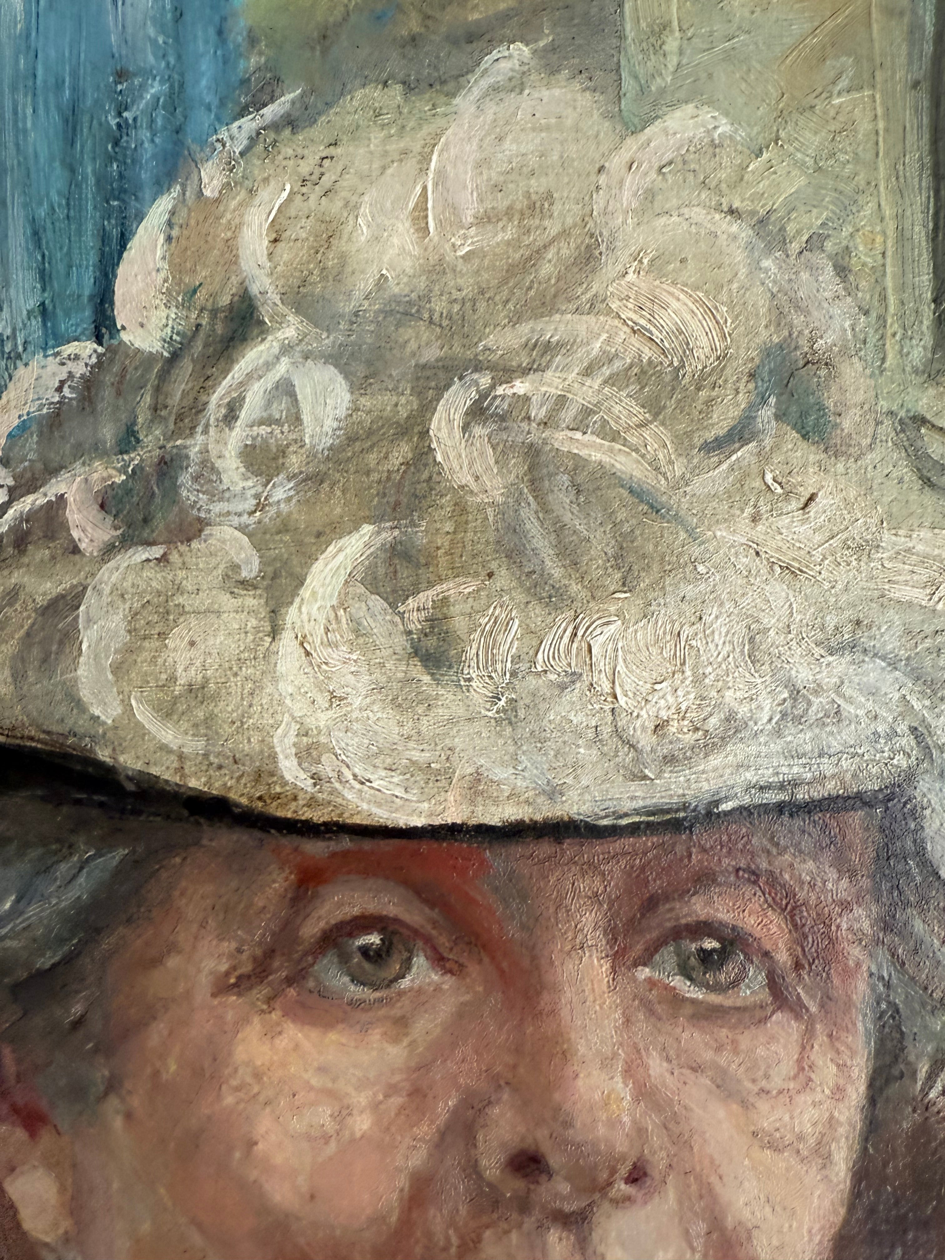 The Lace Hat: Early 20th Century Oil on Canvas with Red Velvet Frame