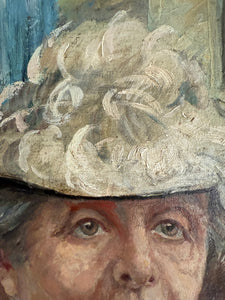 The Lace Hat: Early 20th Century Oil on Canvas with Red Velvet Frame