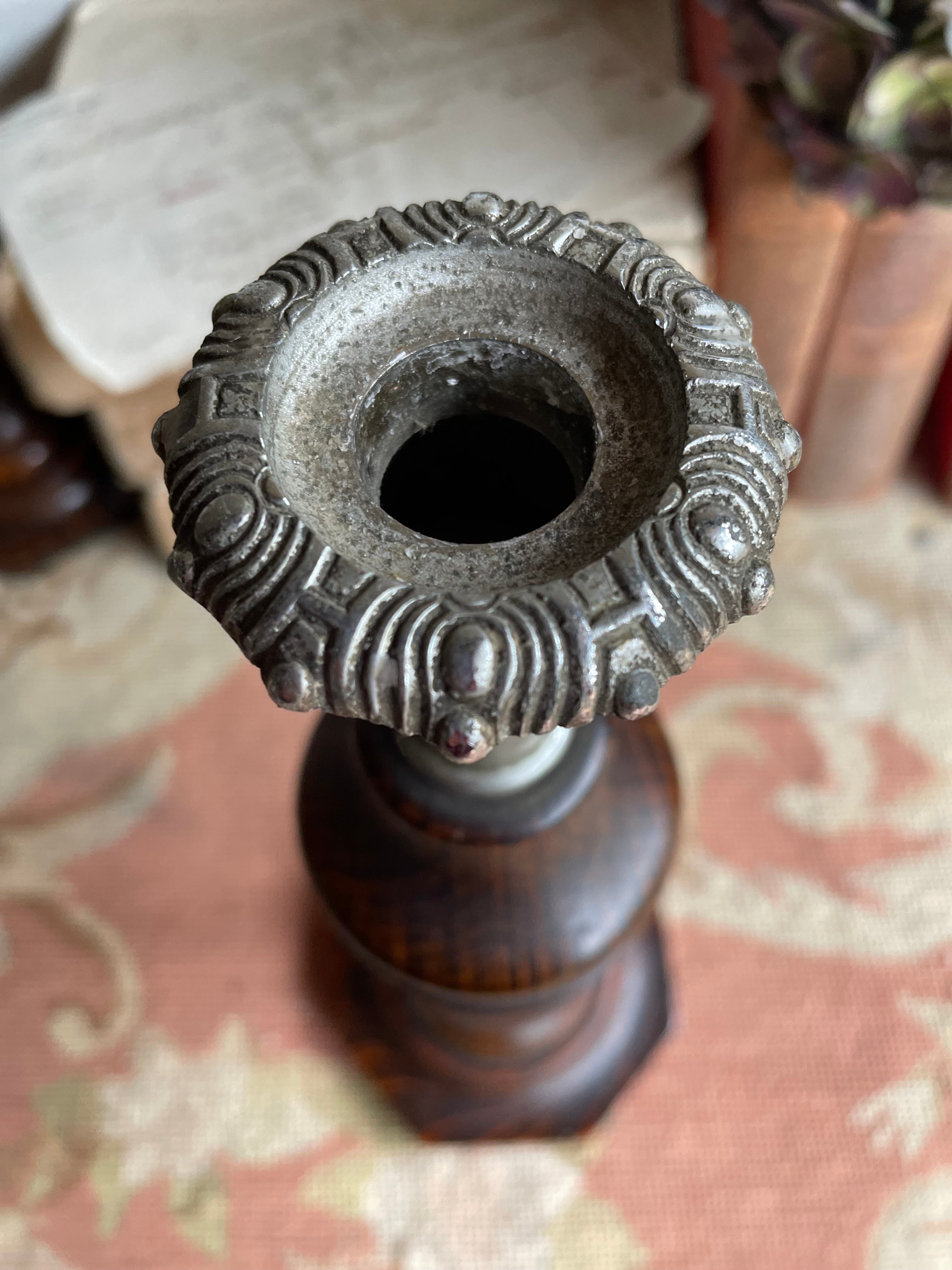 Early 1900s Oak & Silver Plate Wooden Candlesticks. Were £50 now £32.50 at checkout