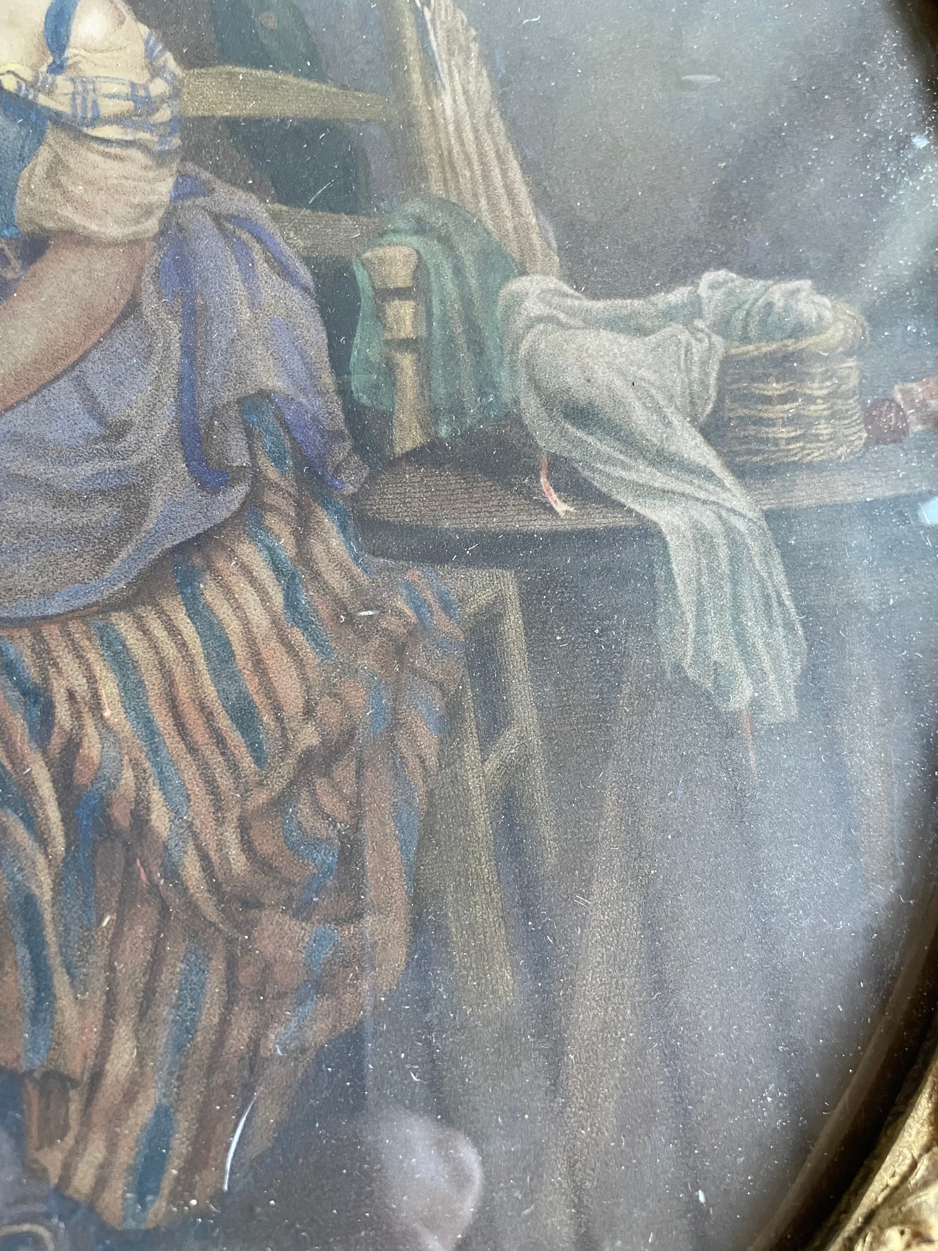 19th Century Framed Lithographic Print with Gilt Frame and Rope Tie: Country Kitchen Scene