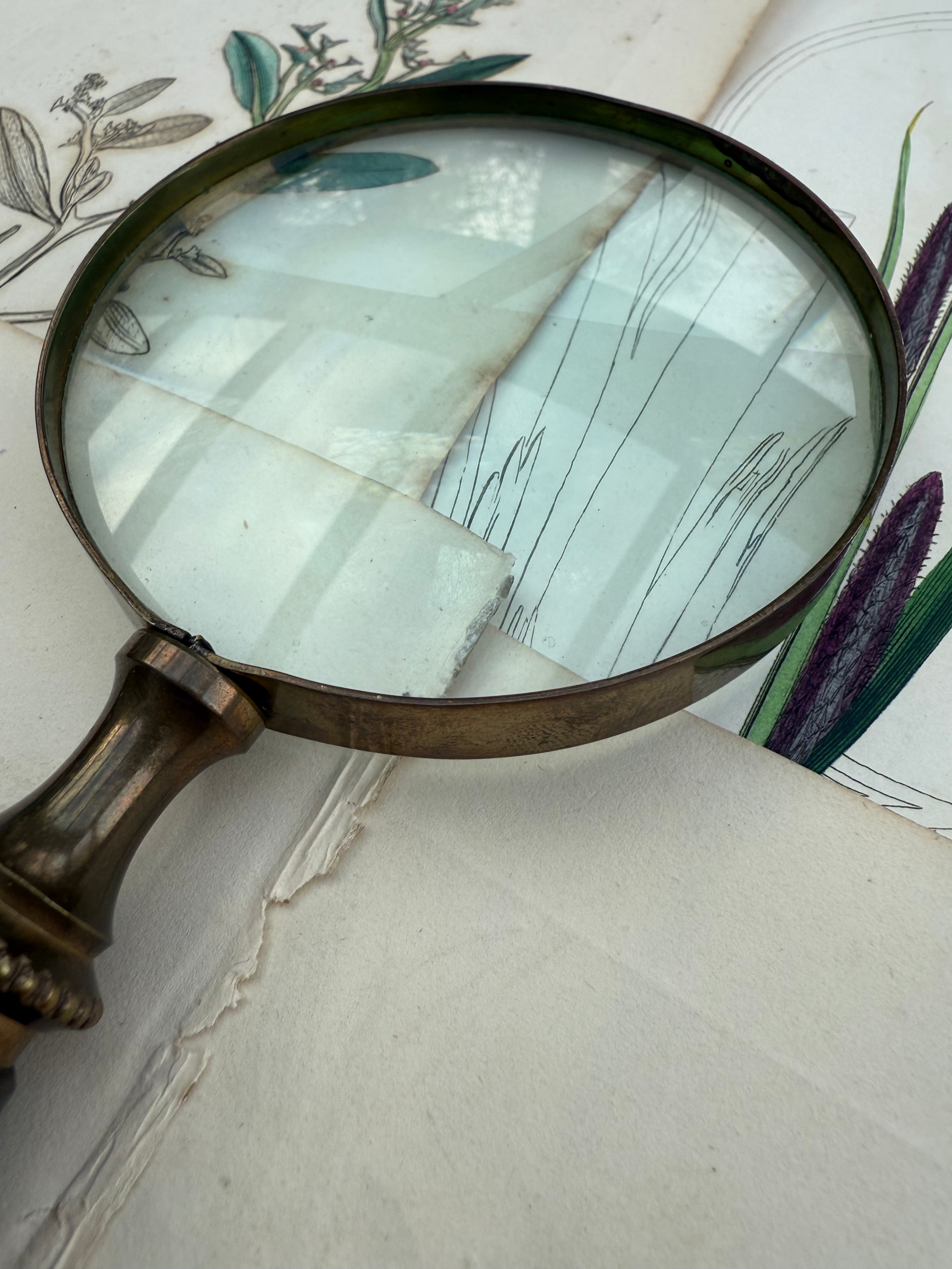 Large Vintage Brass & Alabaster Magnifying Glass: Circa 1940