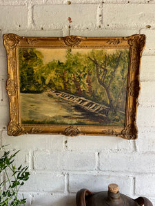 Steps to the River: Mid-20th Century Oil on Board with Gilt Frame