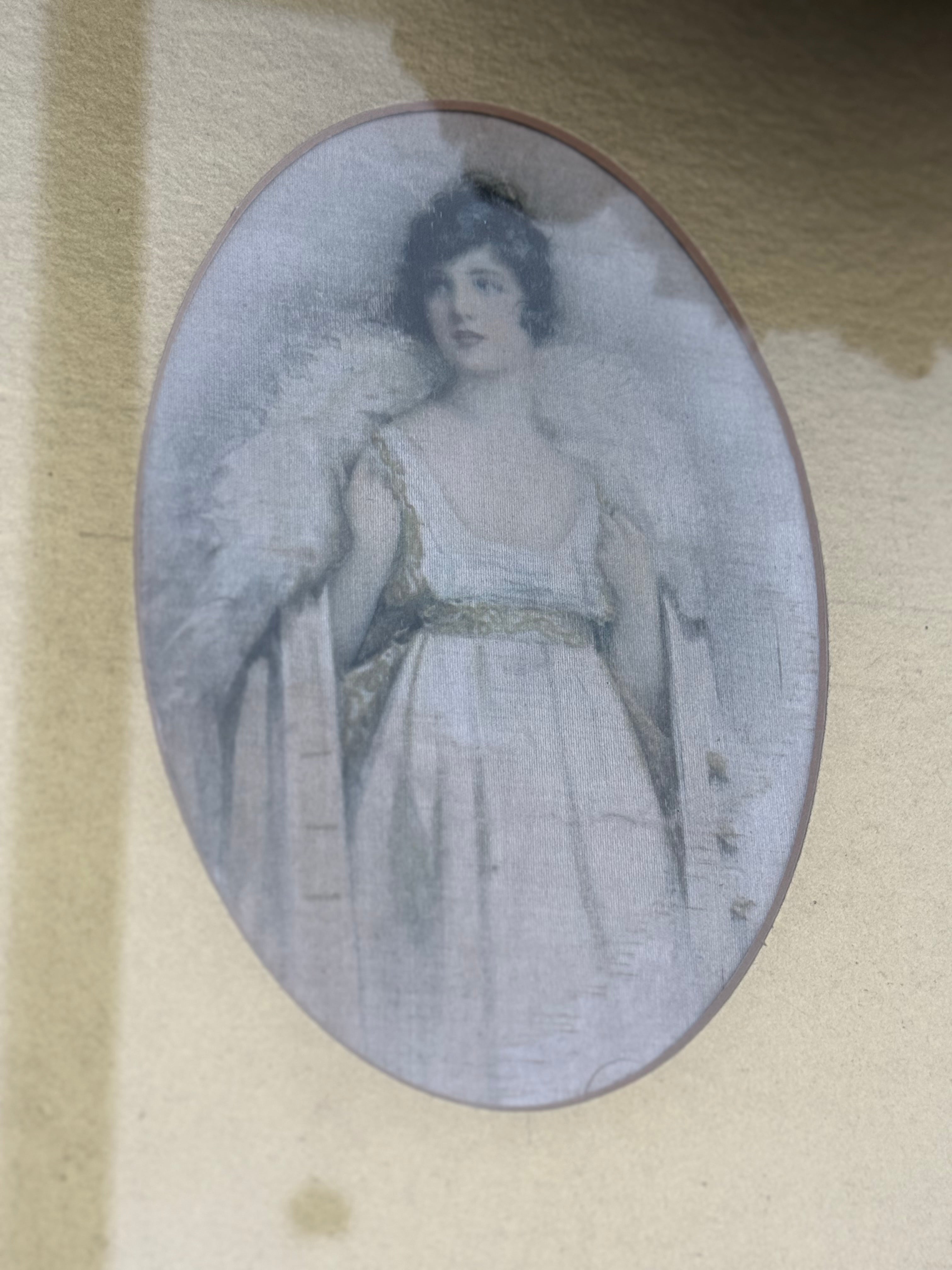 Circa 1910: Portrait Painting of a Lady on Silk with Gilt Metal & Oak Frame