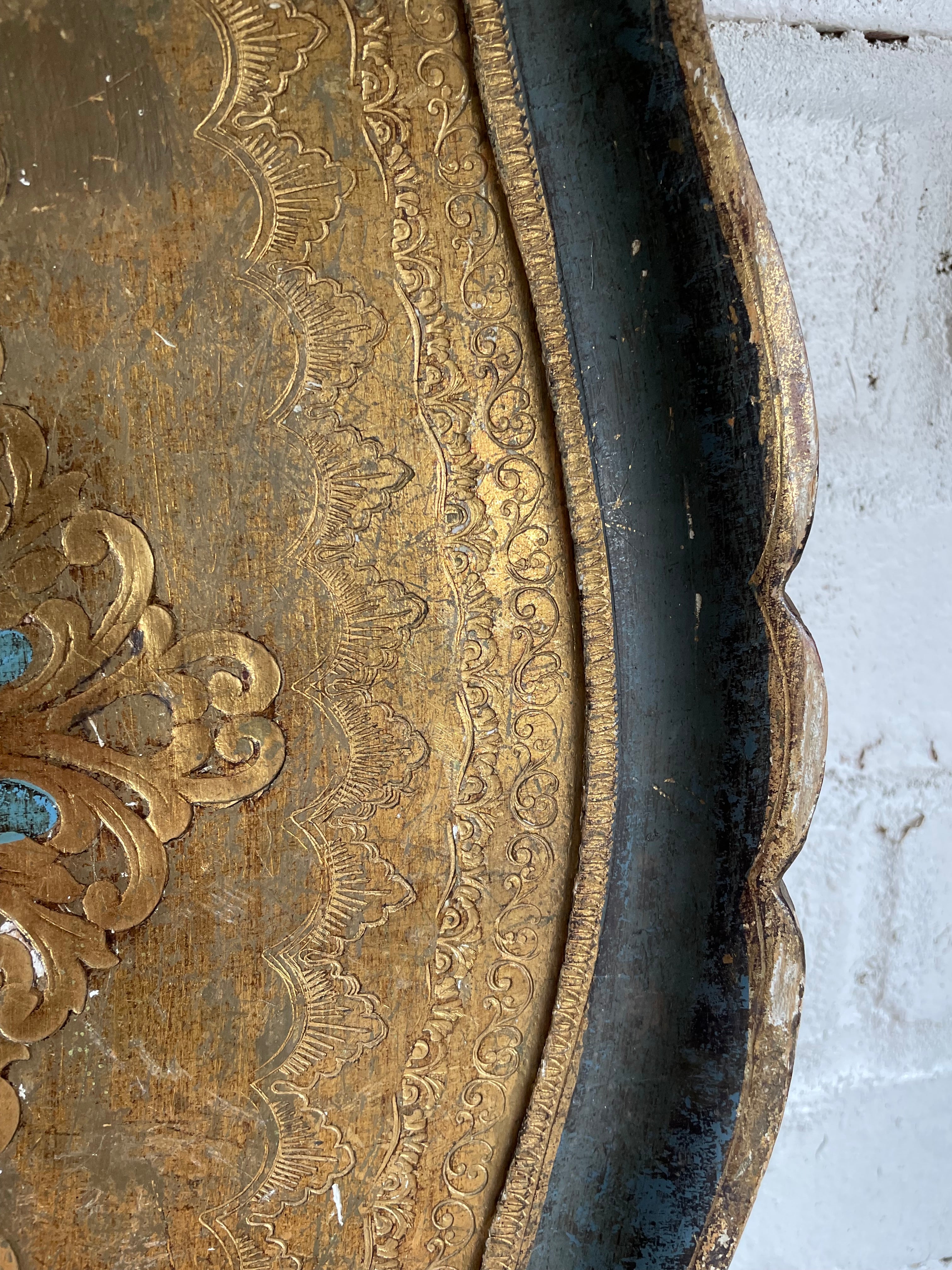 Large Florentine Tray in Gold, Blue and Coral
