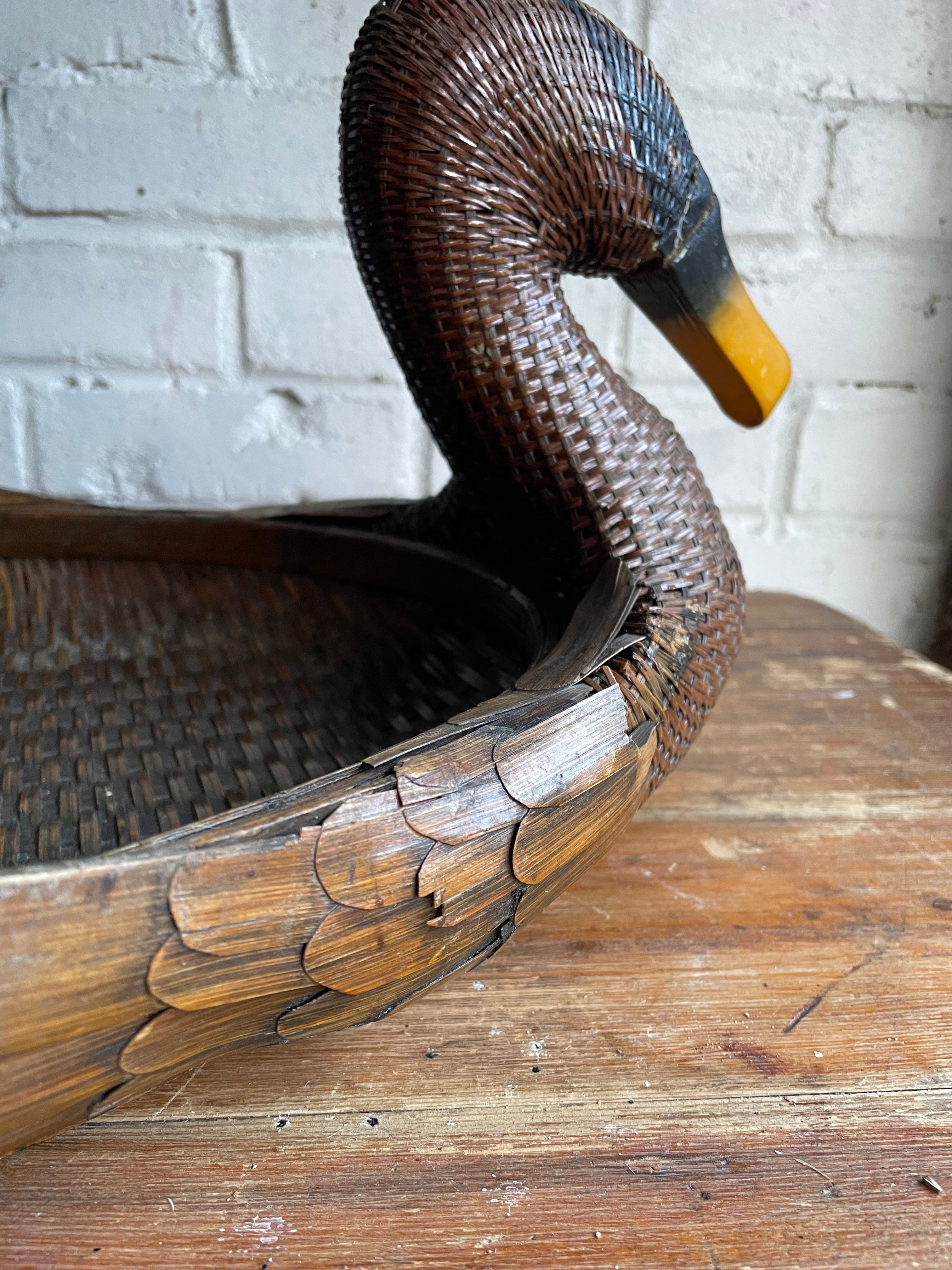 Duck-Shaped Wooden and Rattan Tray