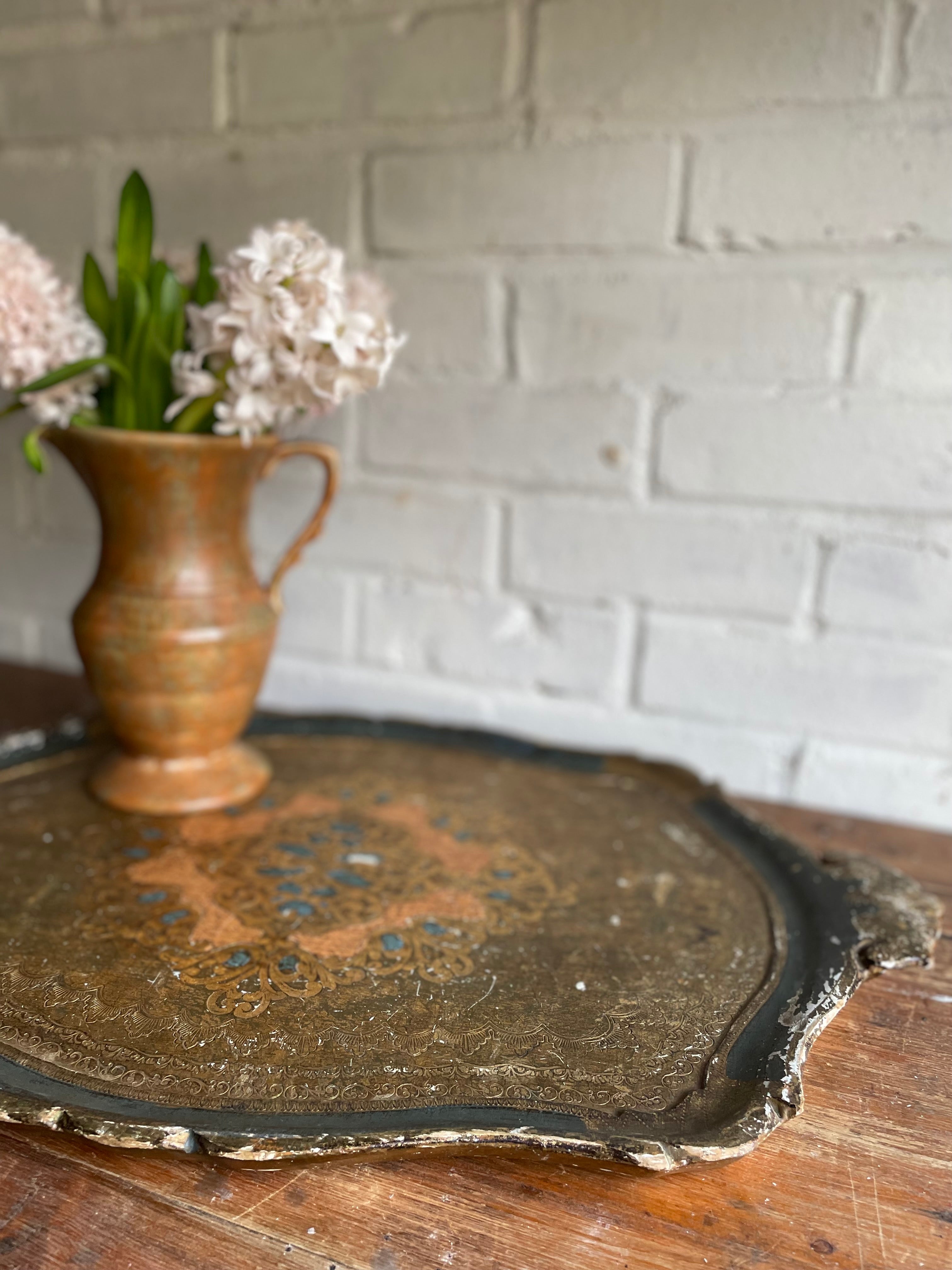 Large Florentine Tray in Gold, Blue and Coral