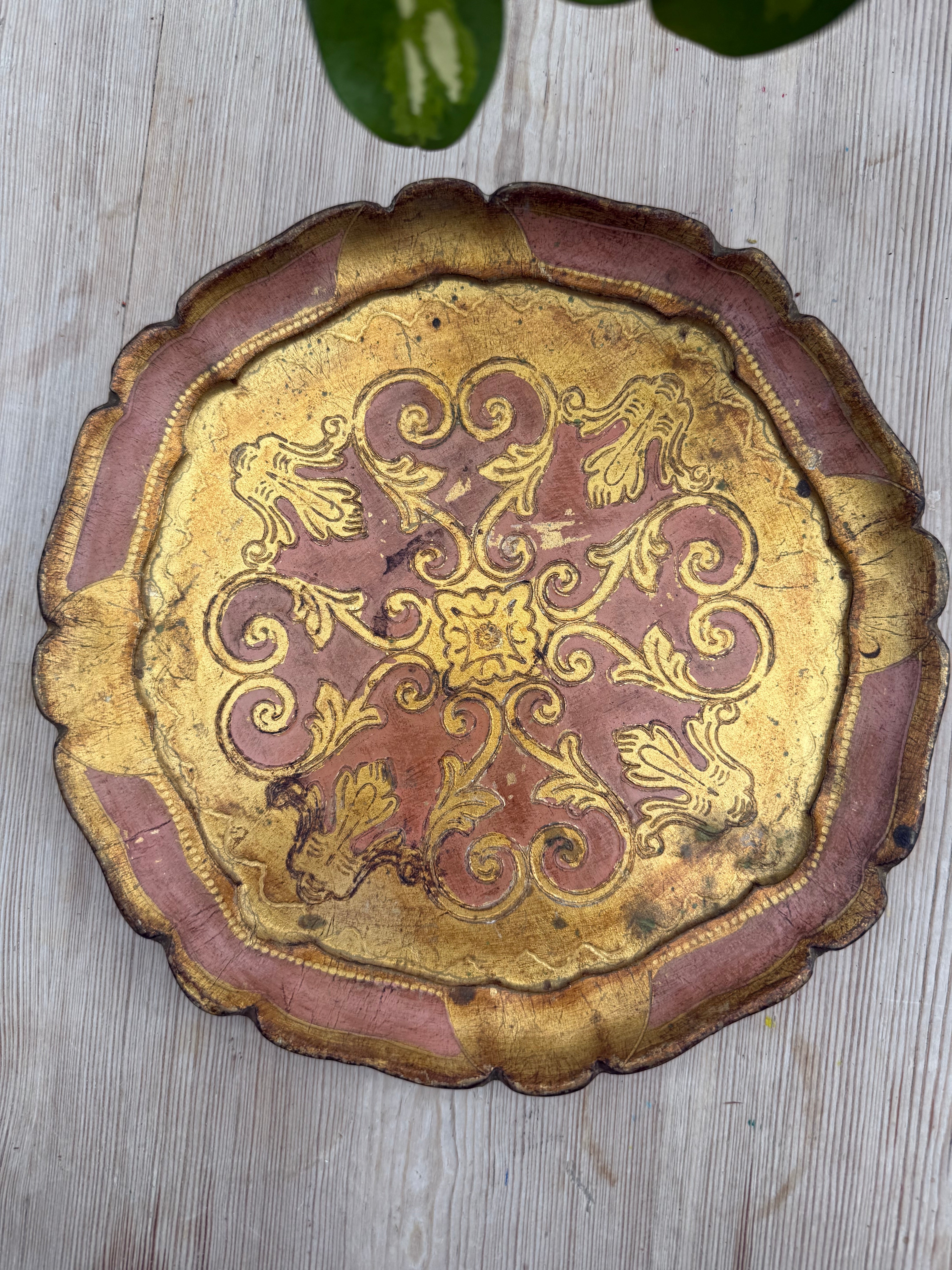 Small Pink Florentine Vintage Wood Gilt Tray