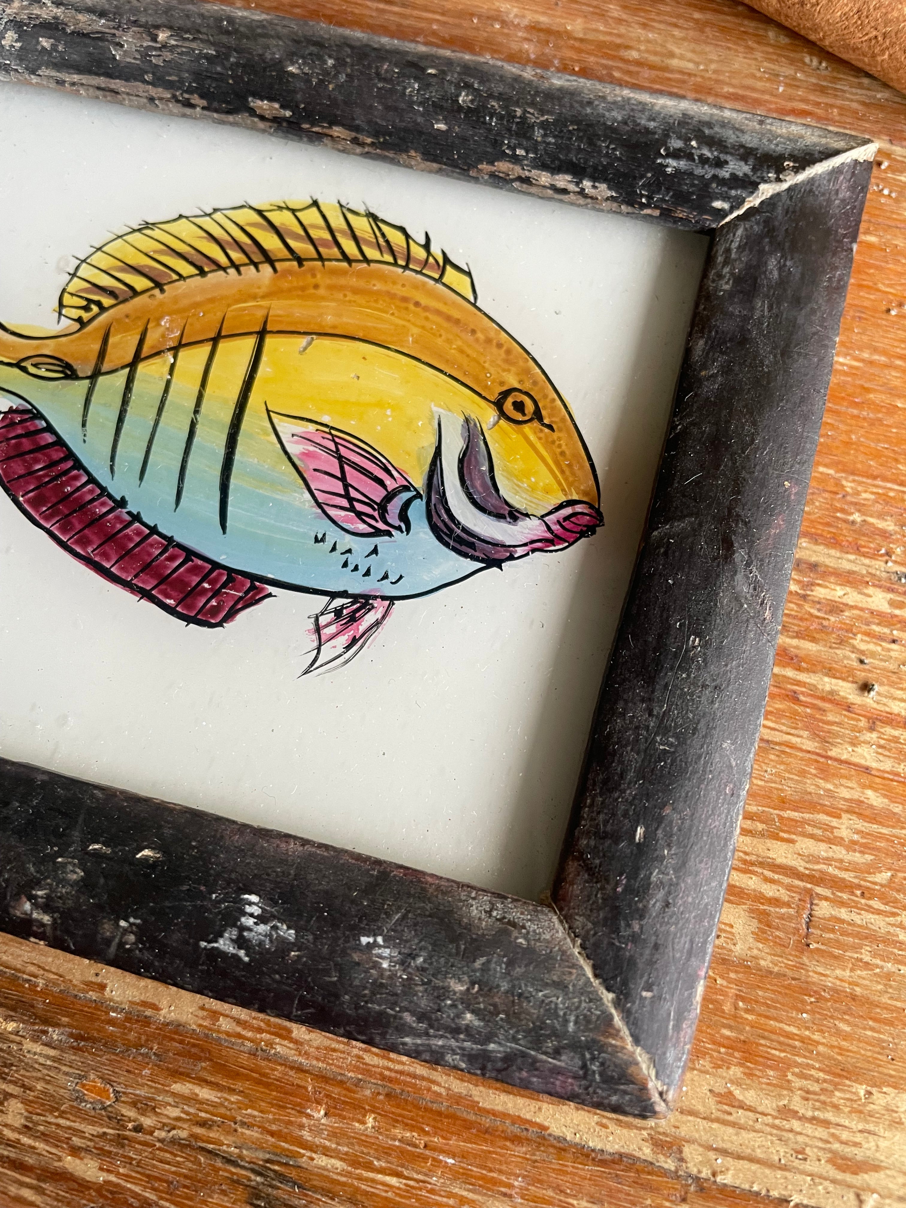 Mini Indian Reverse Glass Painting with Vintage Frame: Fish