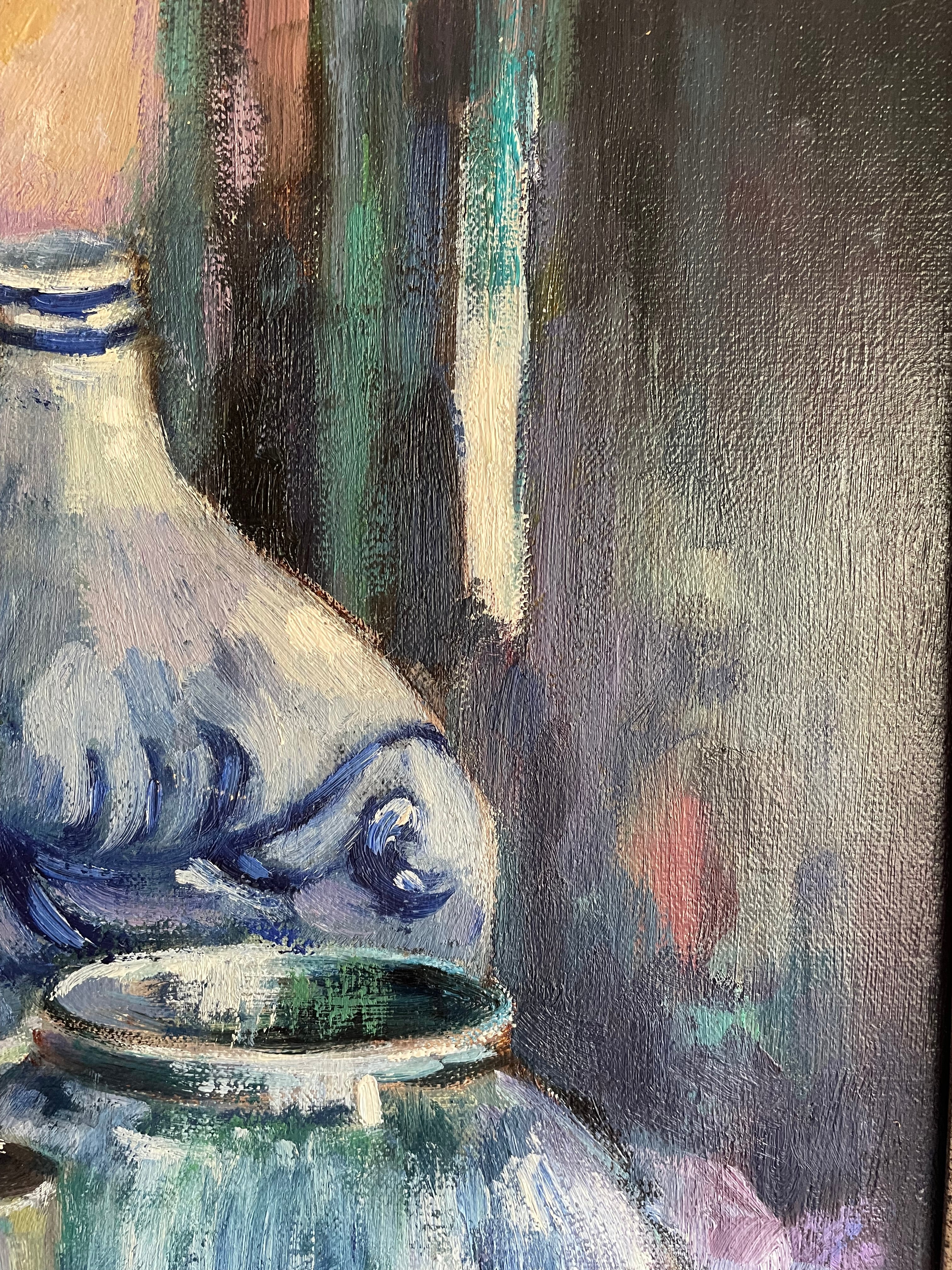 Still Life in Blue: Midcentury Oil on Canvas