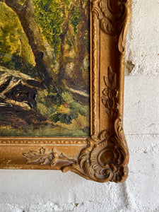 Steps to the River: Mid-20th Century Oil on Board with Gilt Frame