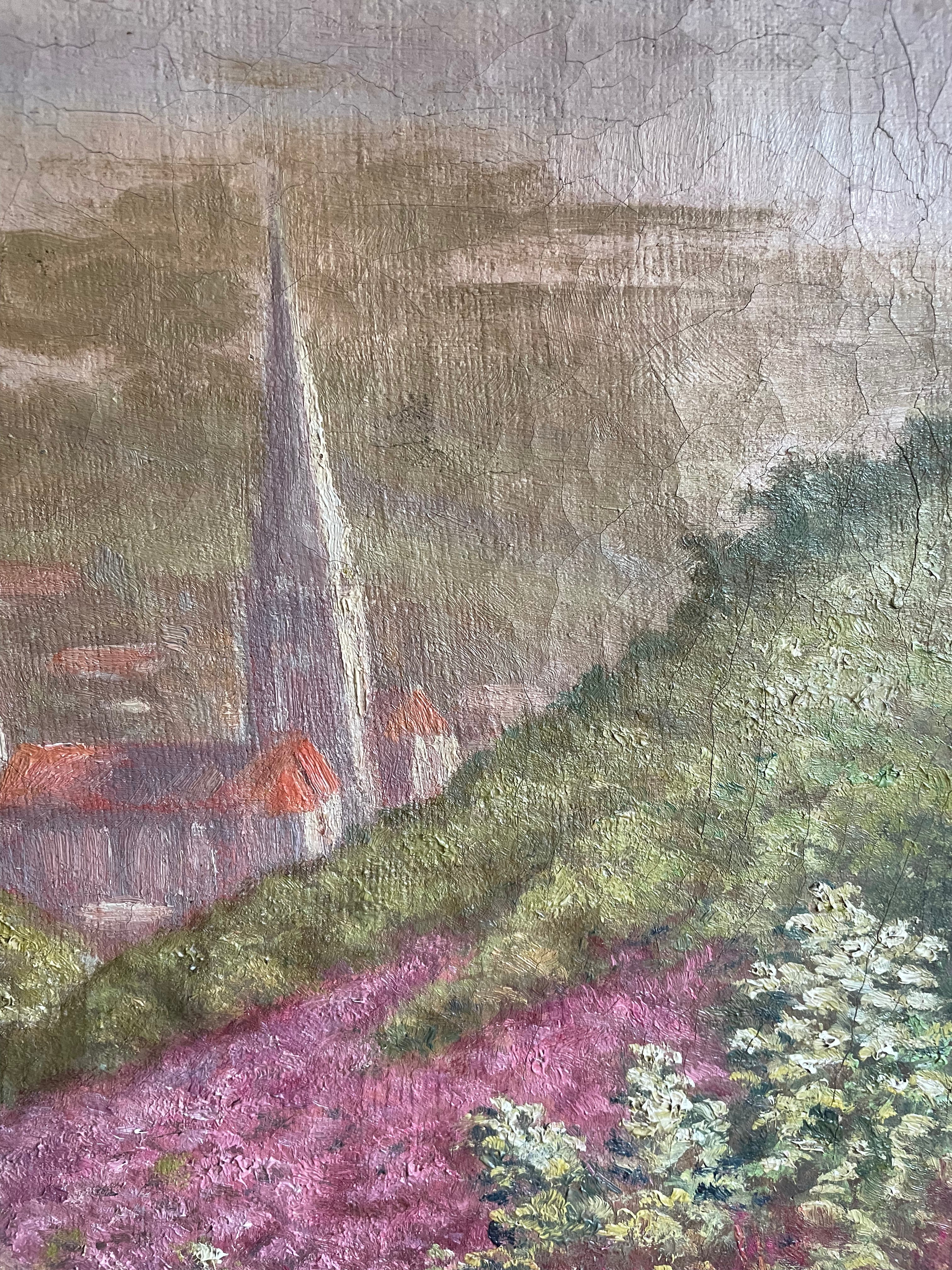 Lavender Fields: 19th Century Signed Impressionist  Oil on Canvas