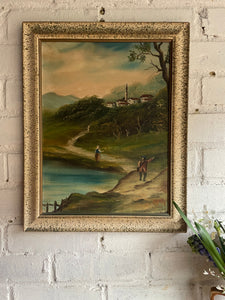 Antique Landscape with a glimpse of a village: Oil on Canvas with Dappled Wooden Frame