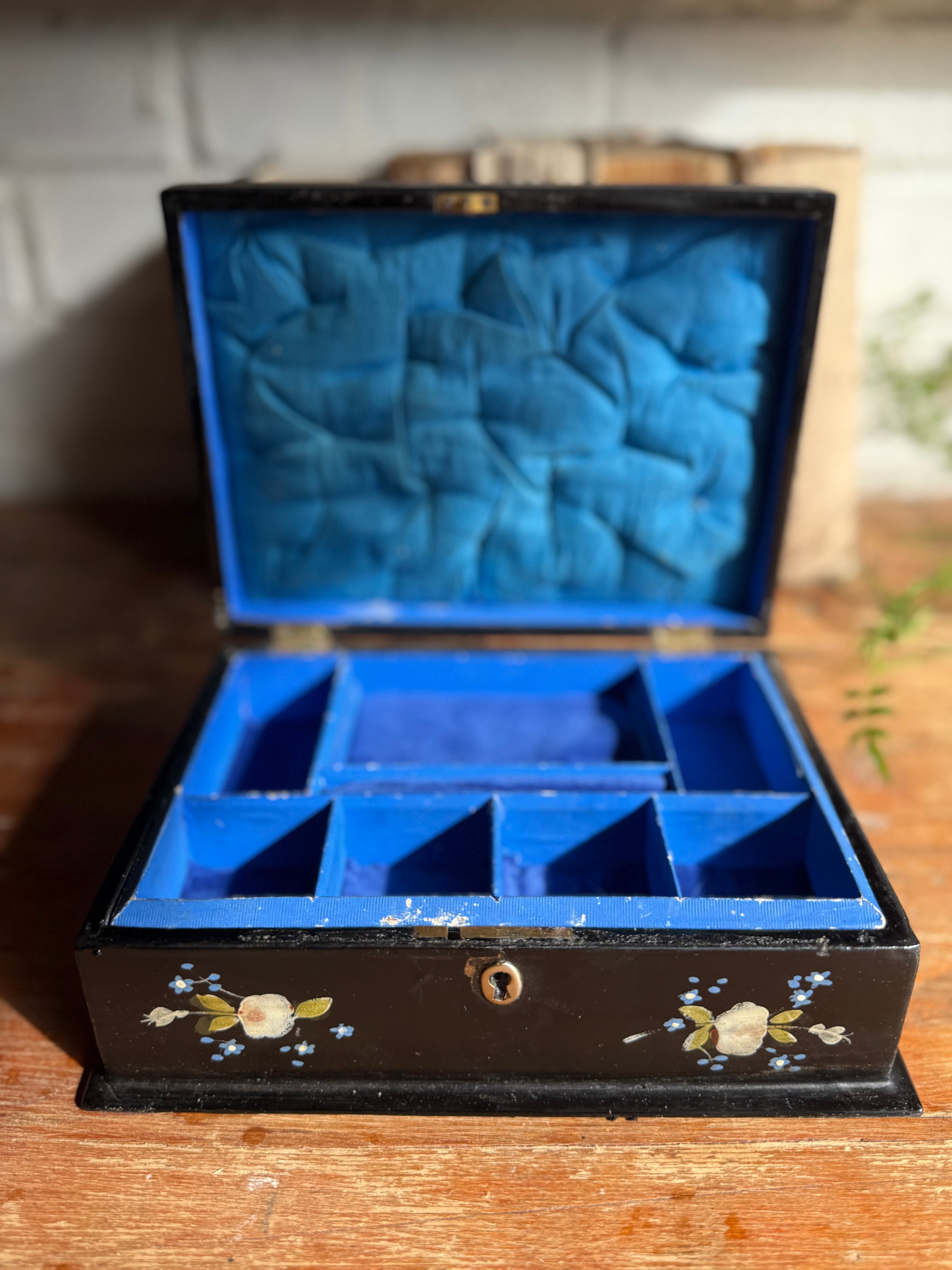 19th Century Hand-Painted Laquered Jewellery Box with Mother of Pearl Inlay