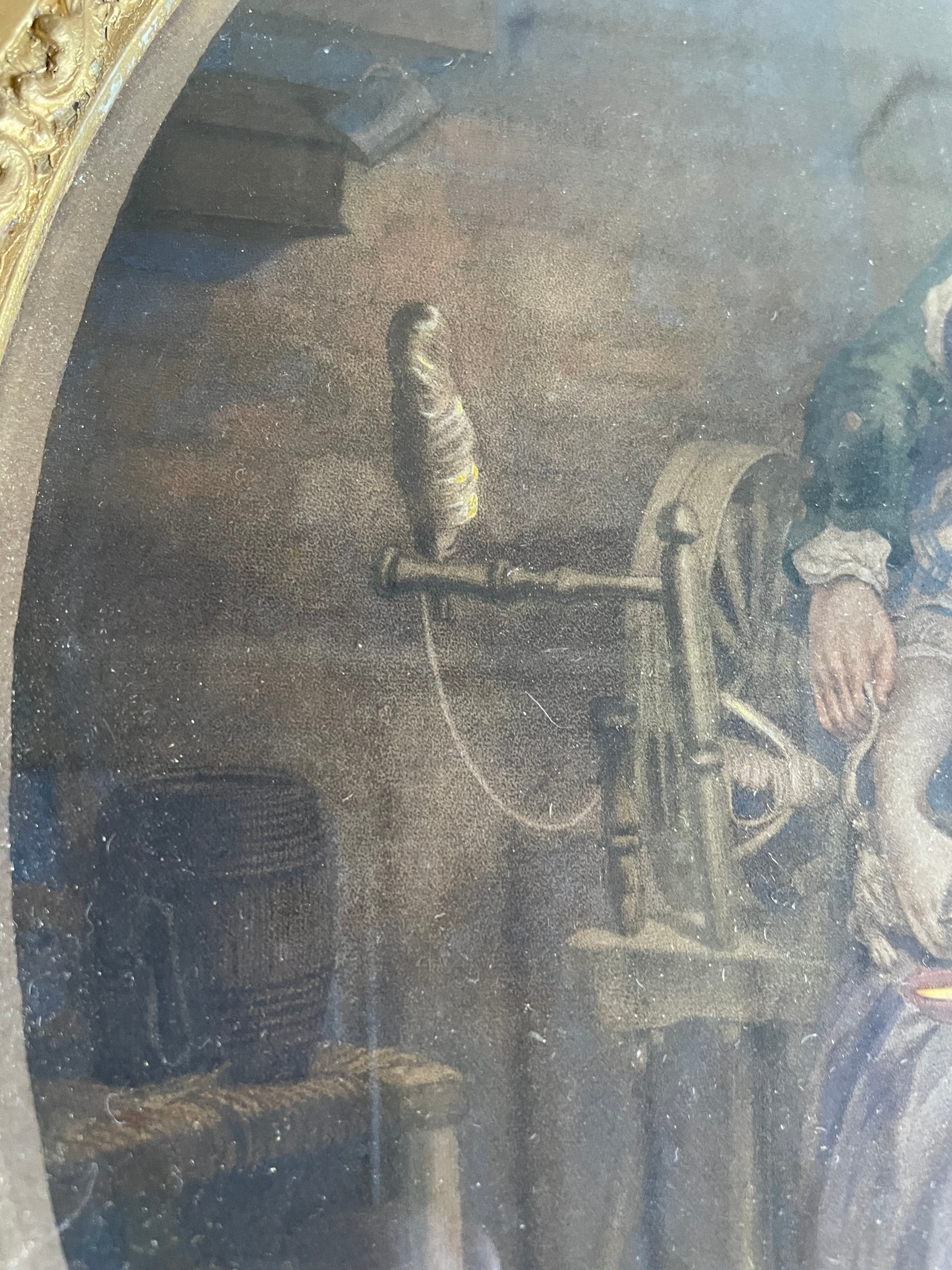 19th Century Framed Lithographic Print with Gilt Frame and Rope Tie: Country Kitchen Scene