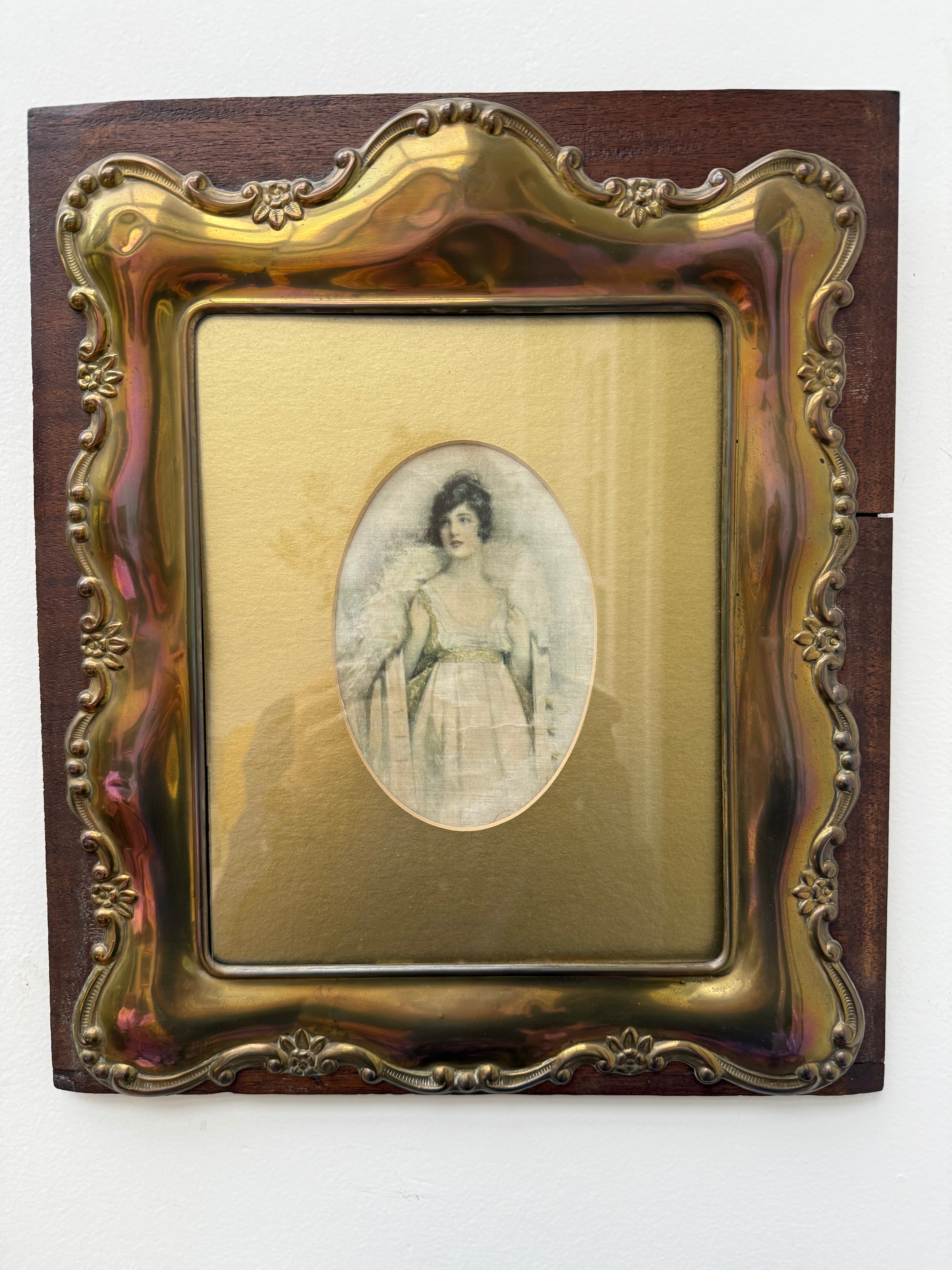 Circa 1910: Portrait Painting of a Lady on Silk with Gilt Metal & Oak Frame