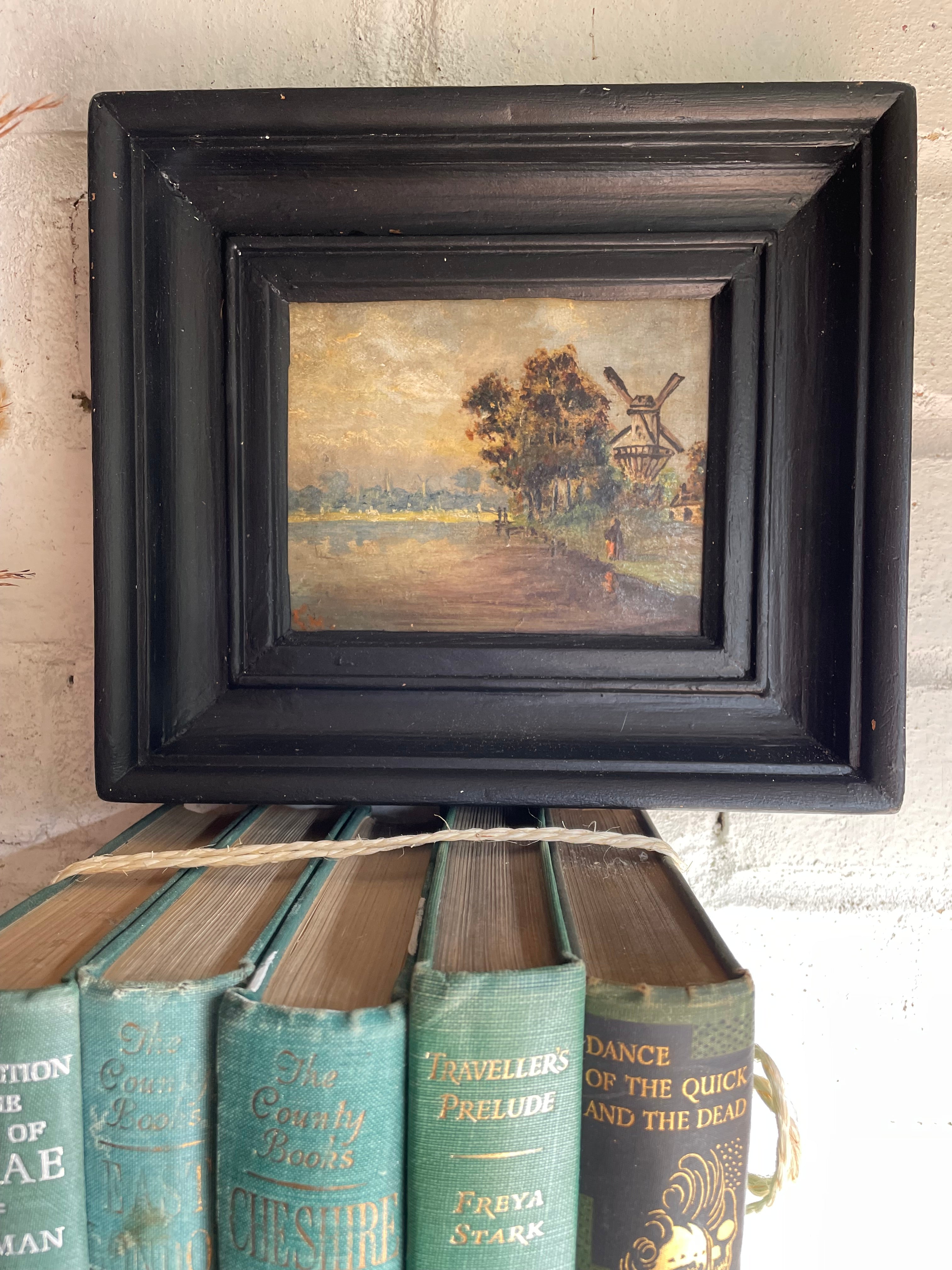 Small 19th Century Oil Painting on Wood with Windmill