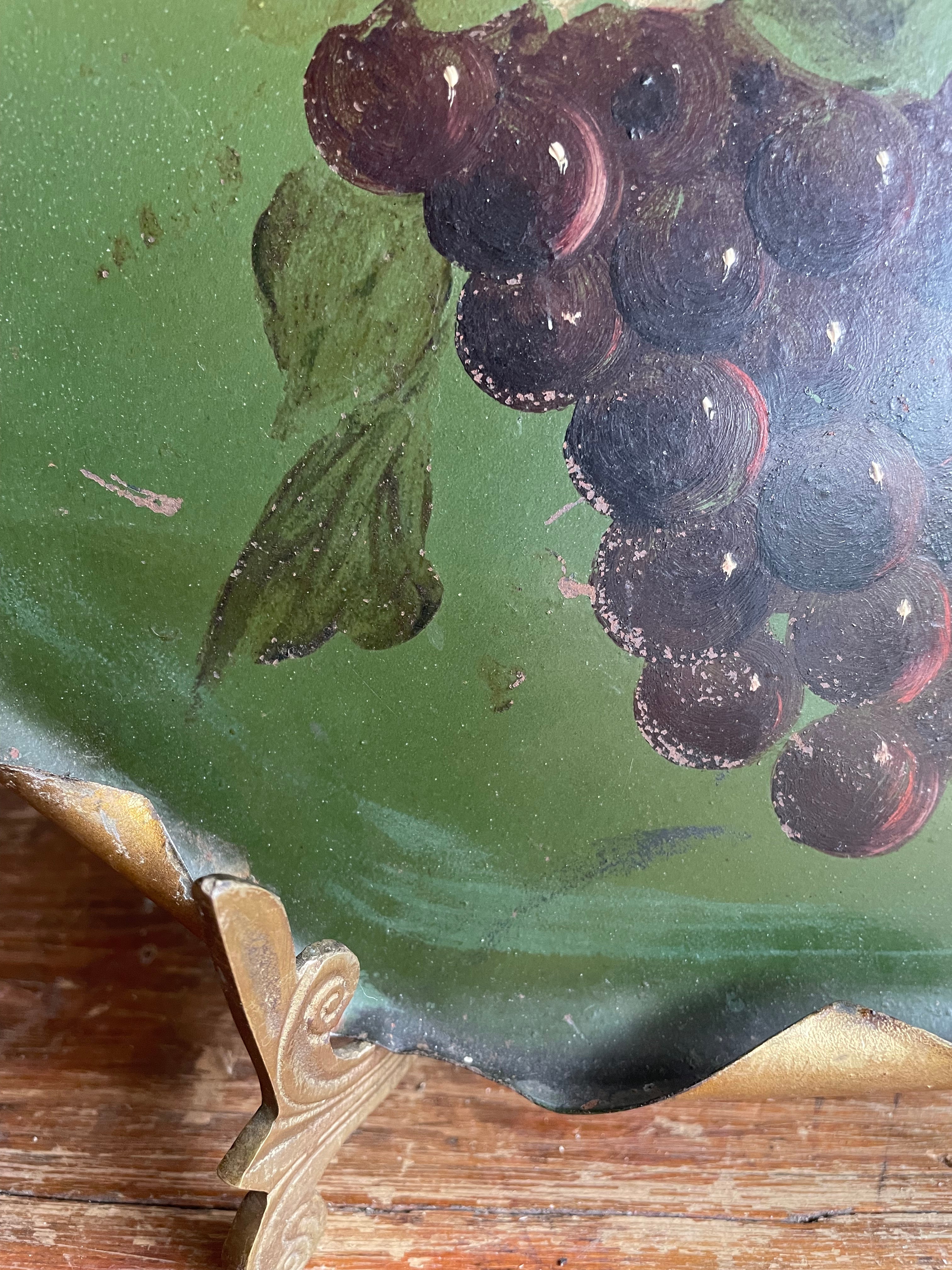 Green Toleware Plate with Handpainted Red and Cream Rose & Grapes