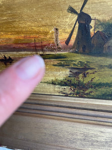 Windmill at Sunset: 19th Century Oil on Canvas