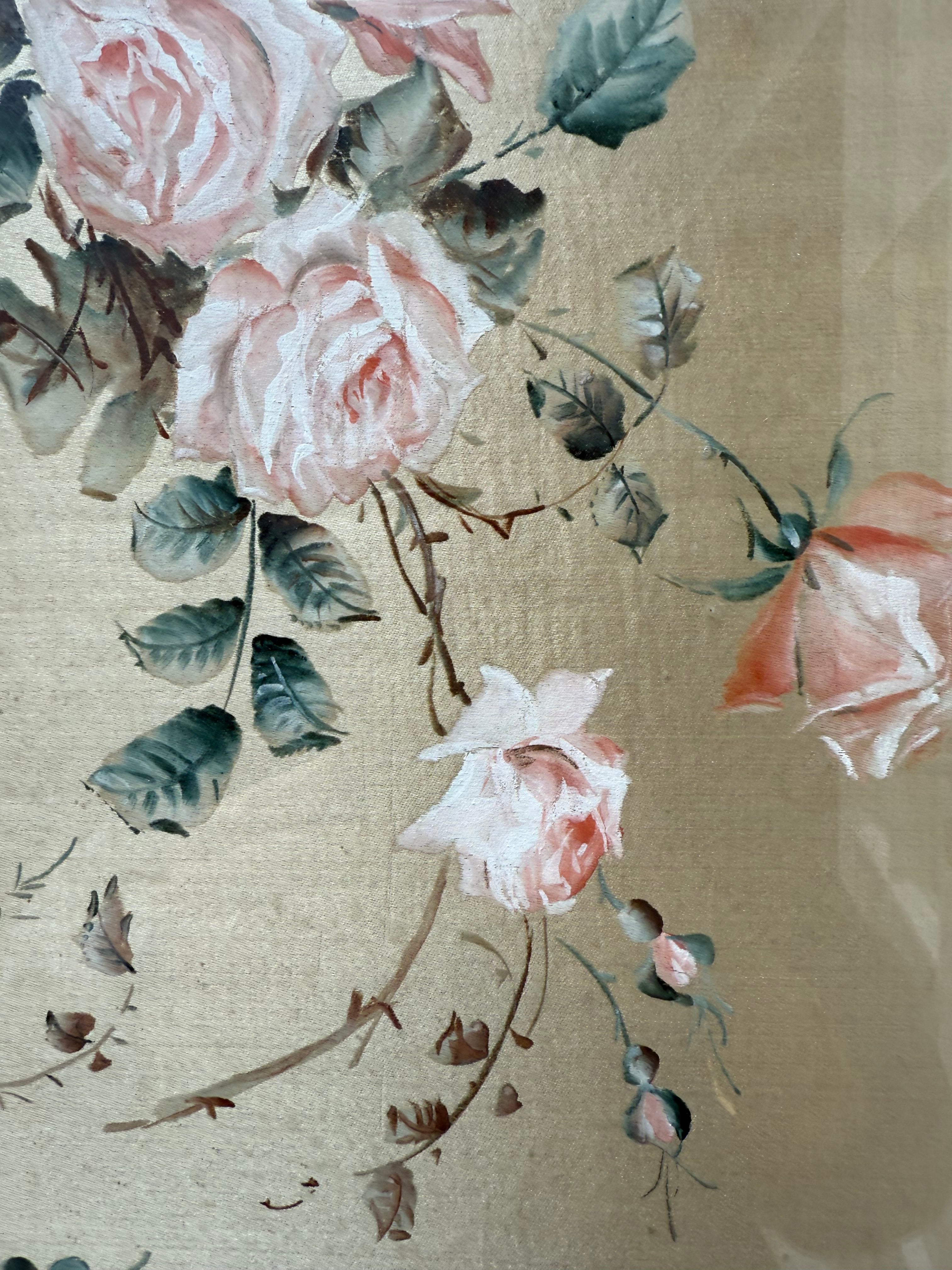 Roses: 19th Century Silk Painting with Gilt Frame