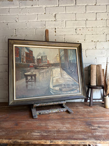 Flemish Canalscape: Large Midcentury Oil Painting