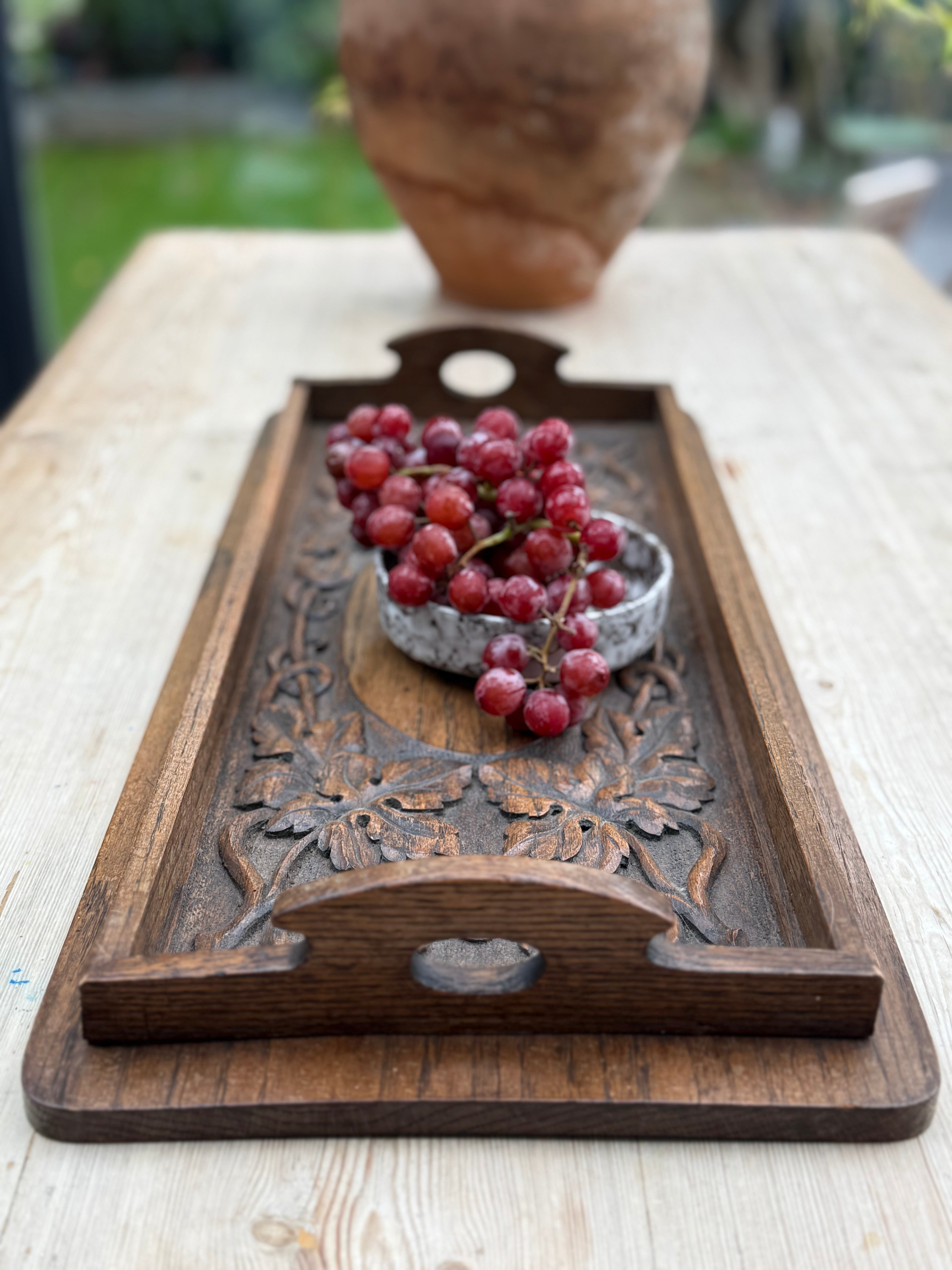 Late 19th Century Arts & Crafts Carved Oak Tray depicting Grapevines