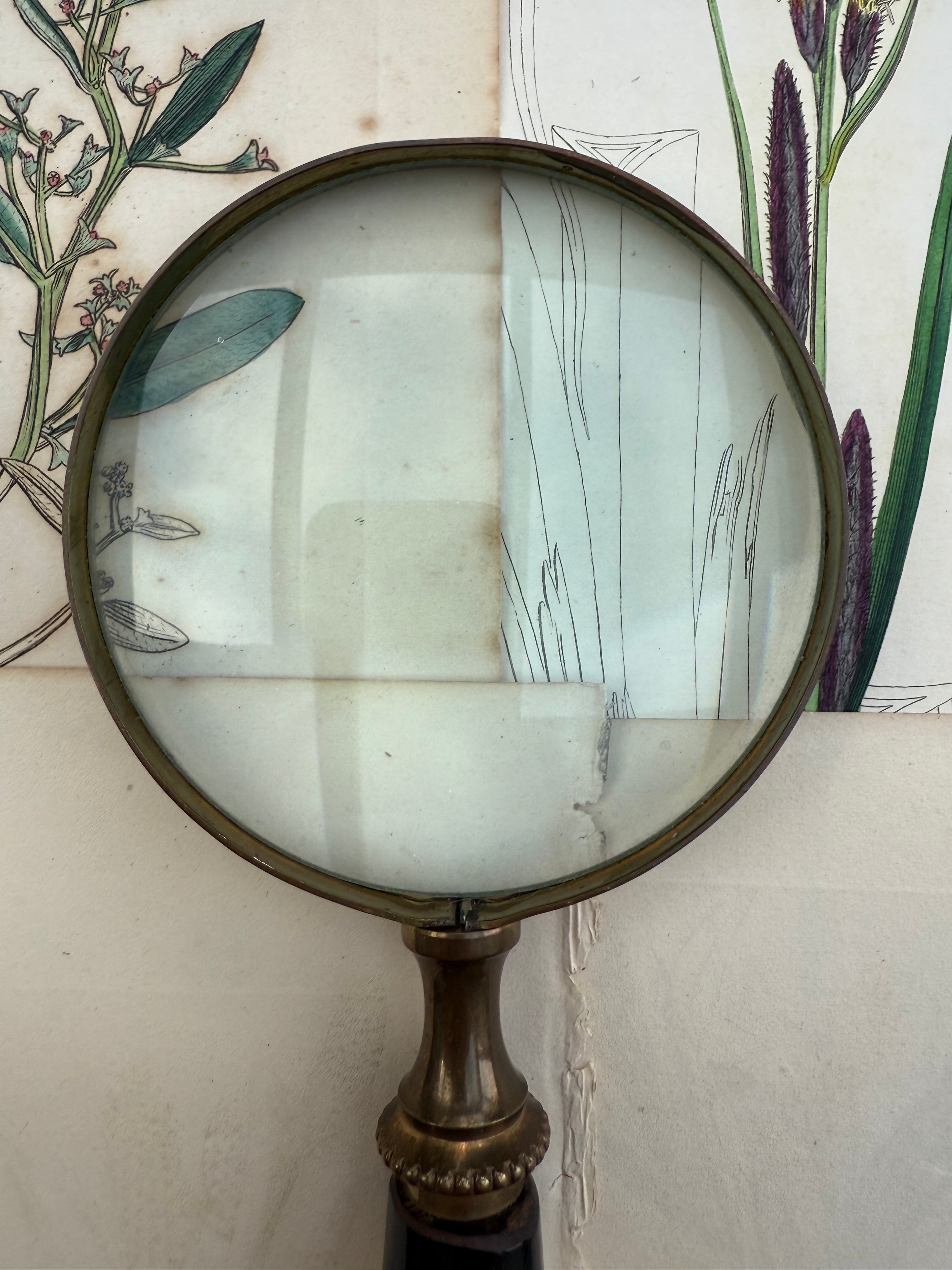 Large Vintage Brass & Alabaster Magnifying Glass: Circa 1940