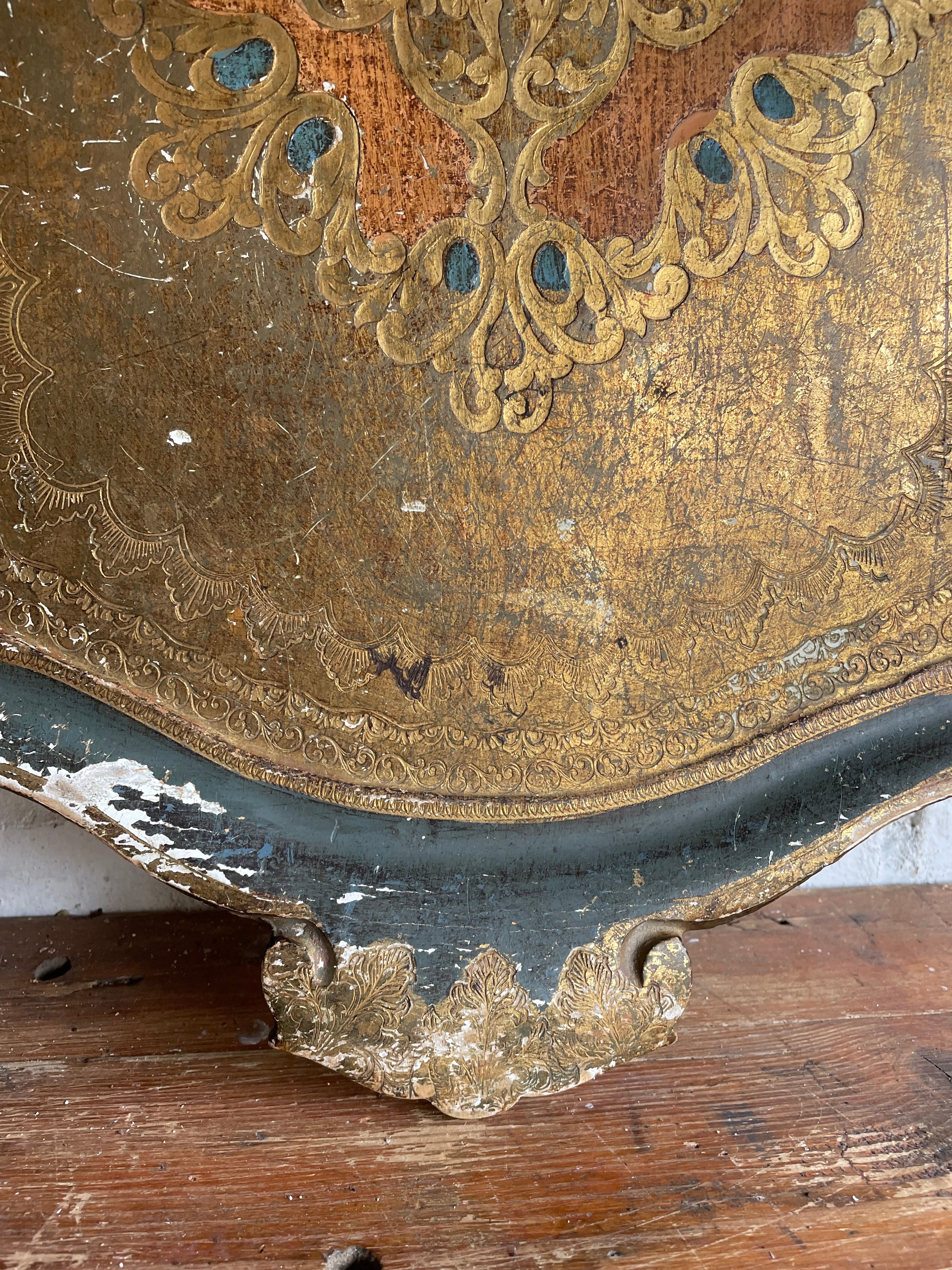 Large Florentine Tray in Gold, Blue and Coral