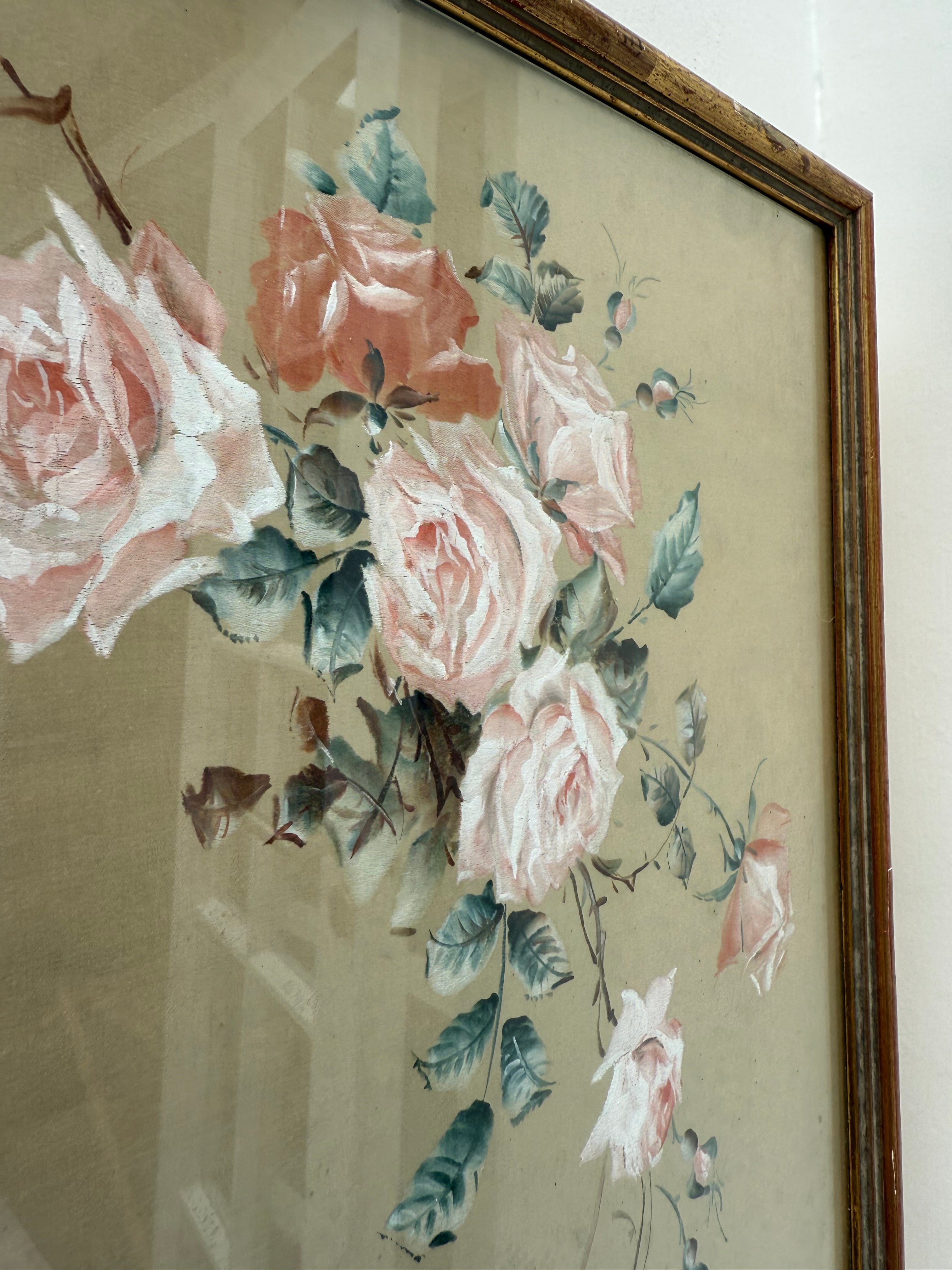 Roses: 19th Century Silk Painting with Gilt Frame