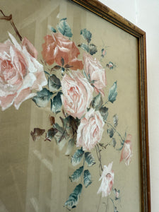 Roses: 19th Century Silk Painting with Gilt Frame