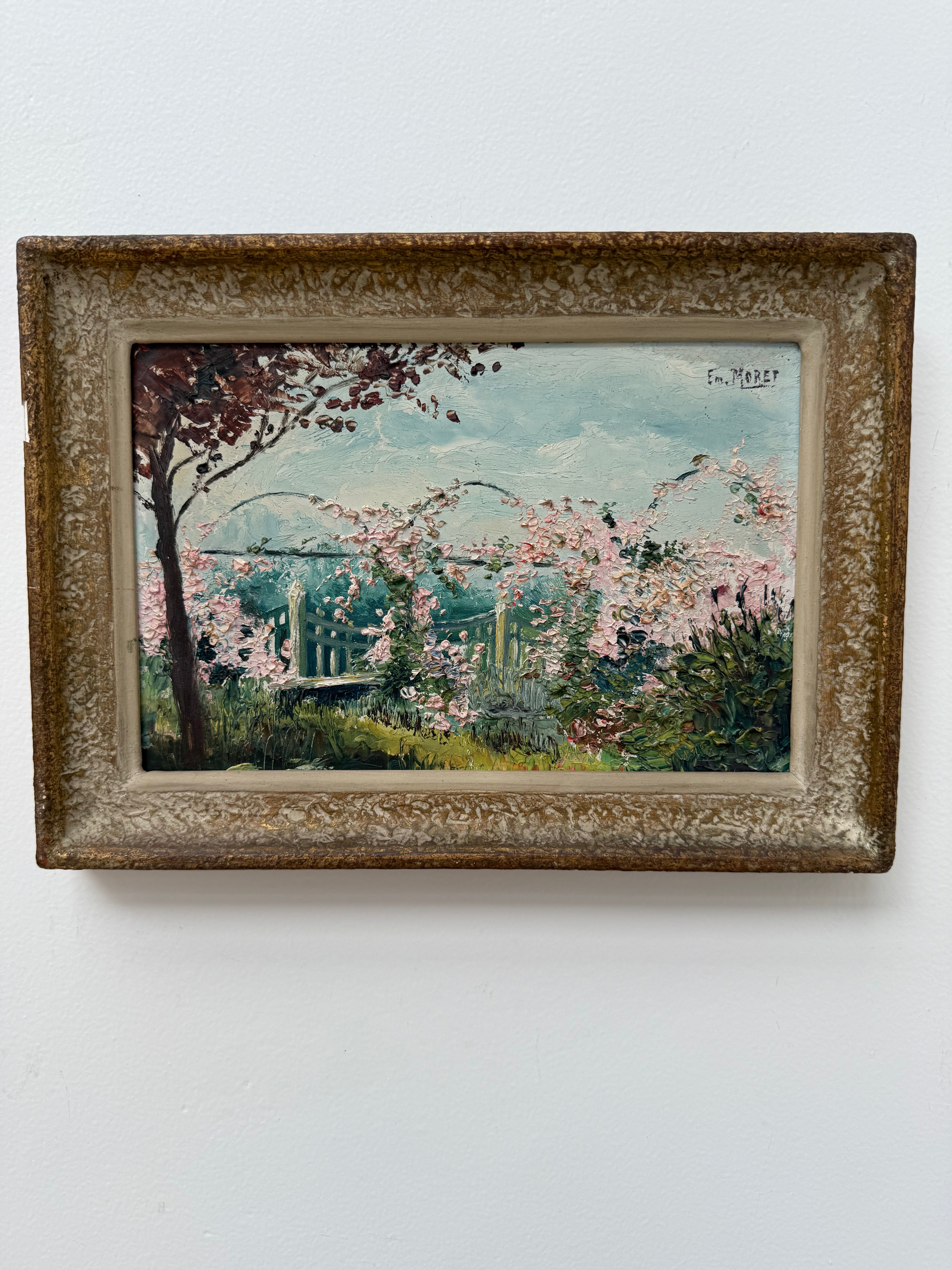 Blossom Tree: Small Early 20th Century Signed Impressionist  Oil on Board