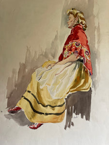 Women with shawl: Watercolour & Ink Painting Circa 1940s