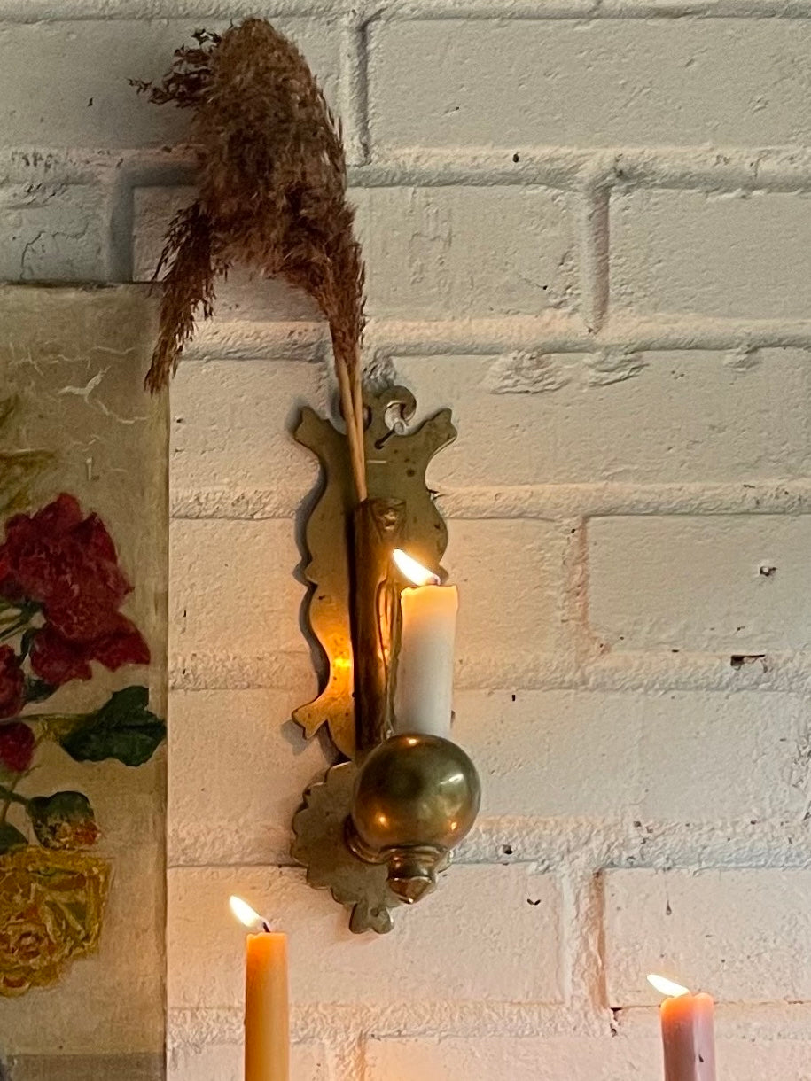 19th Century Brass Wall Hung Candleholder with Flower Posy