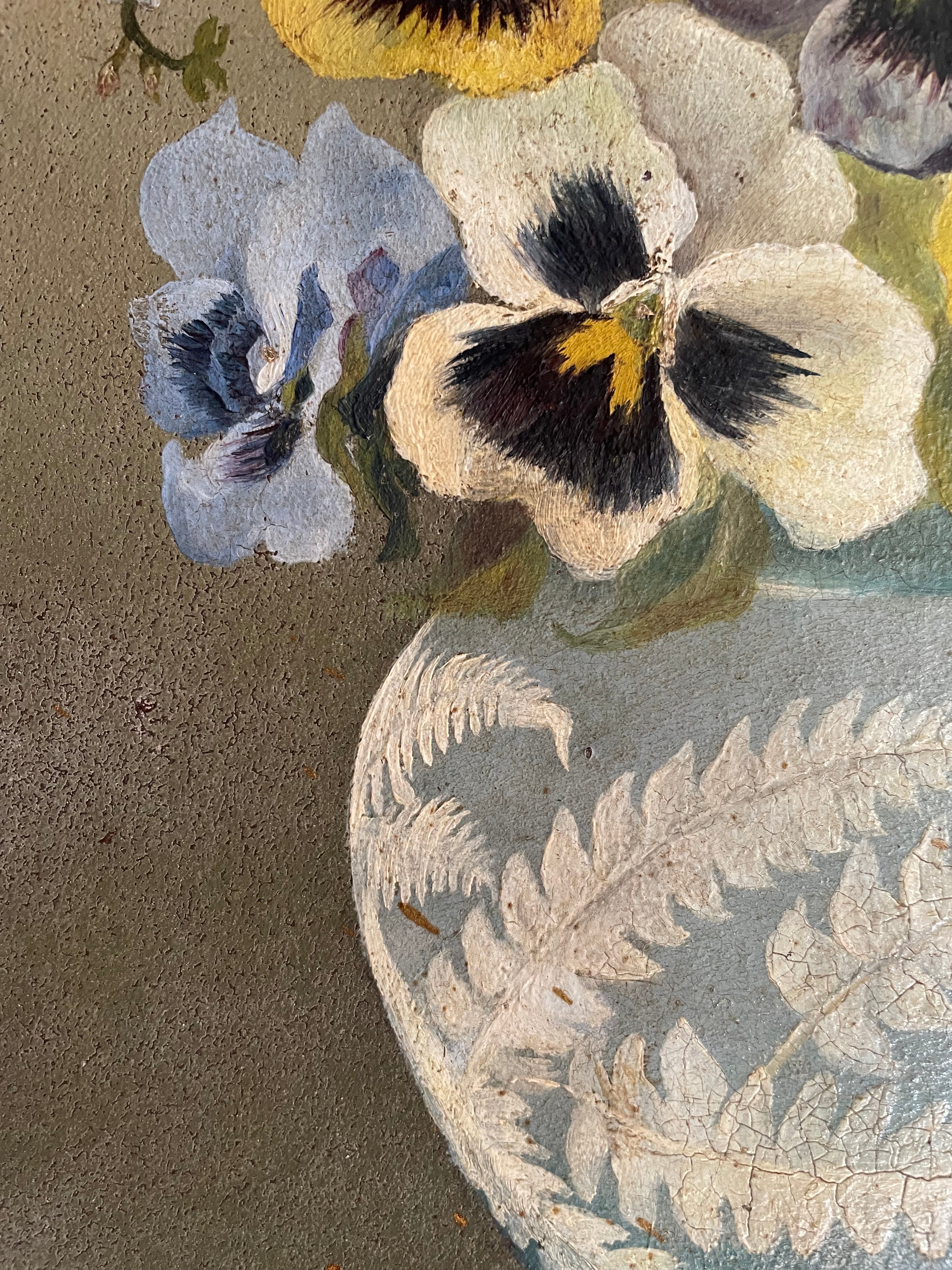 Floral Still Life of Pansies: Antique Oil on Board