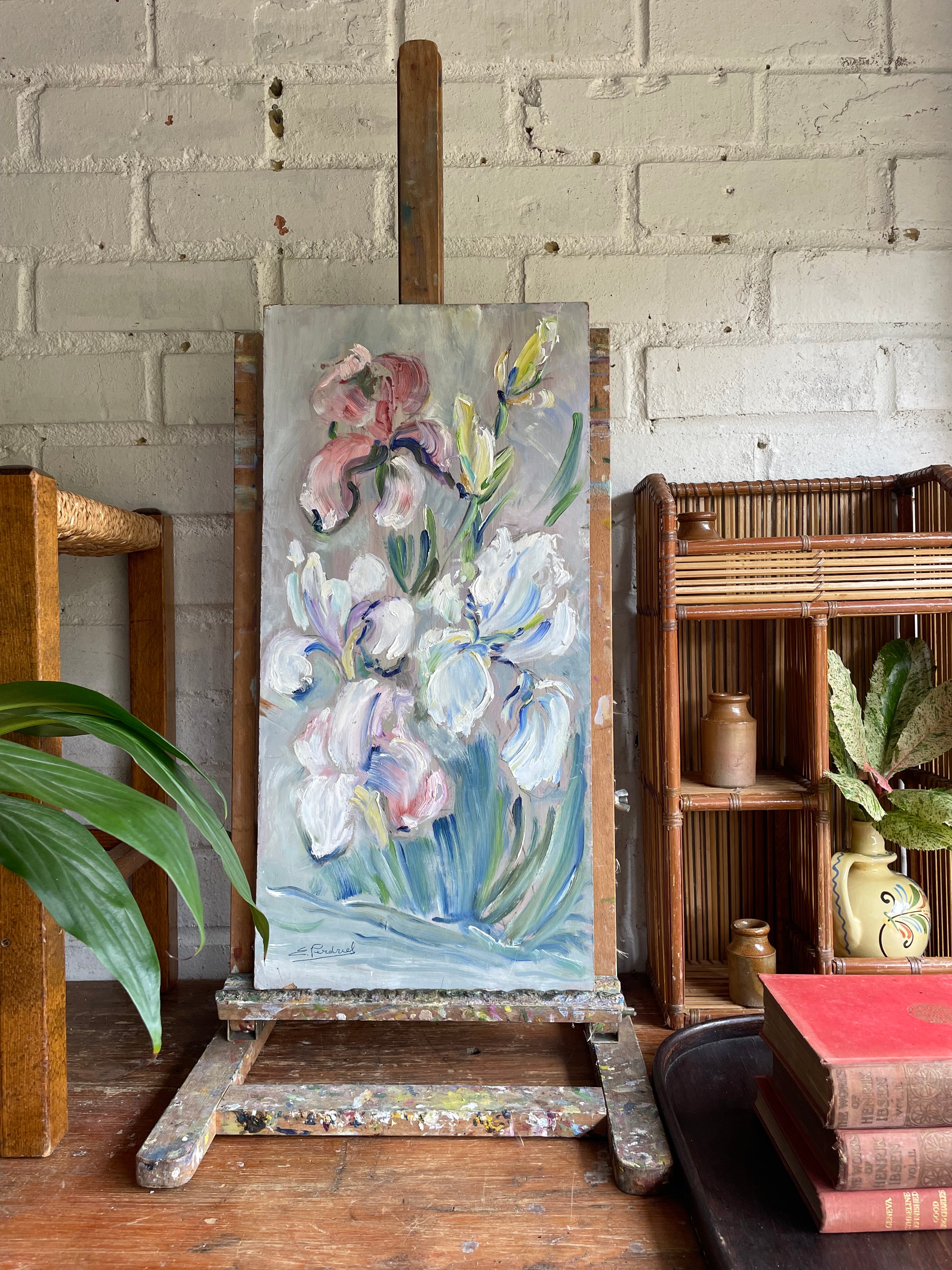 Irises: Vintage Oil on Wood Board