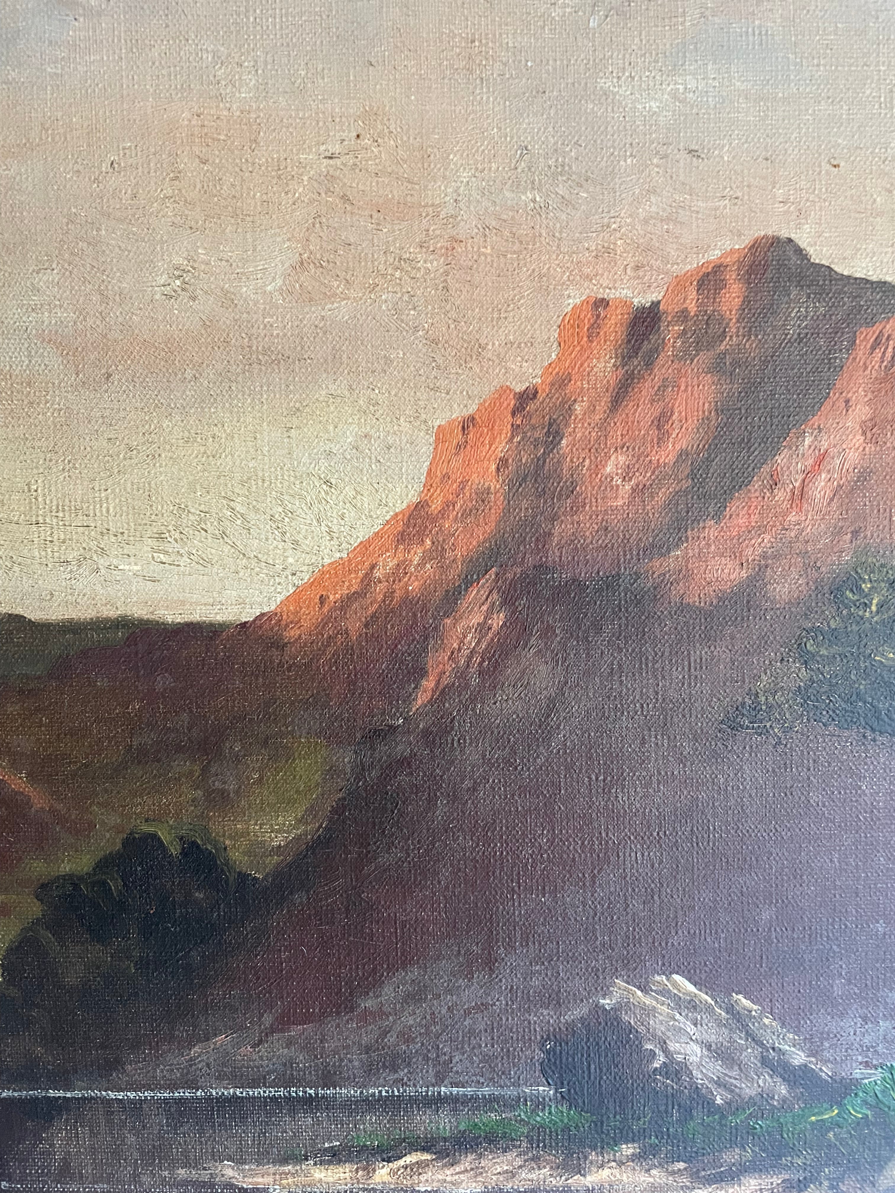 Large Signed 1918 Scottish Landscape Oil on Canvas : “Mountains, Cattle & Lake”