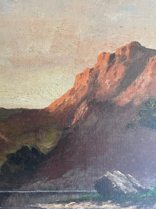 Large Signed 1918 Scottish Landscape Oil on Canvas : “Mountains, Cattle & Lake”