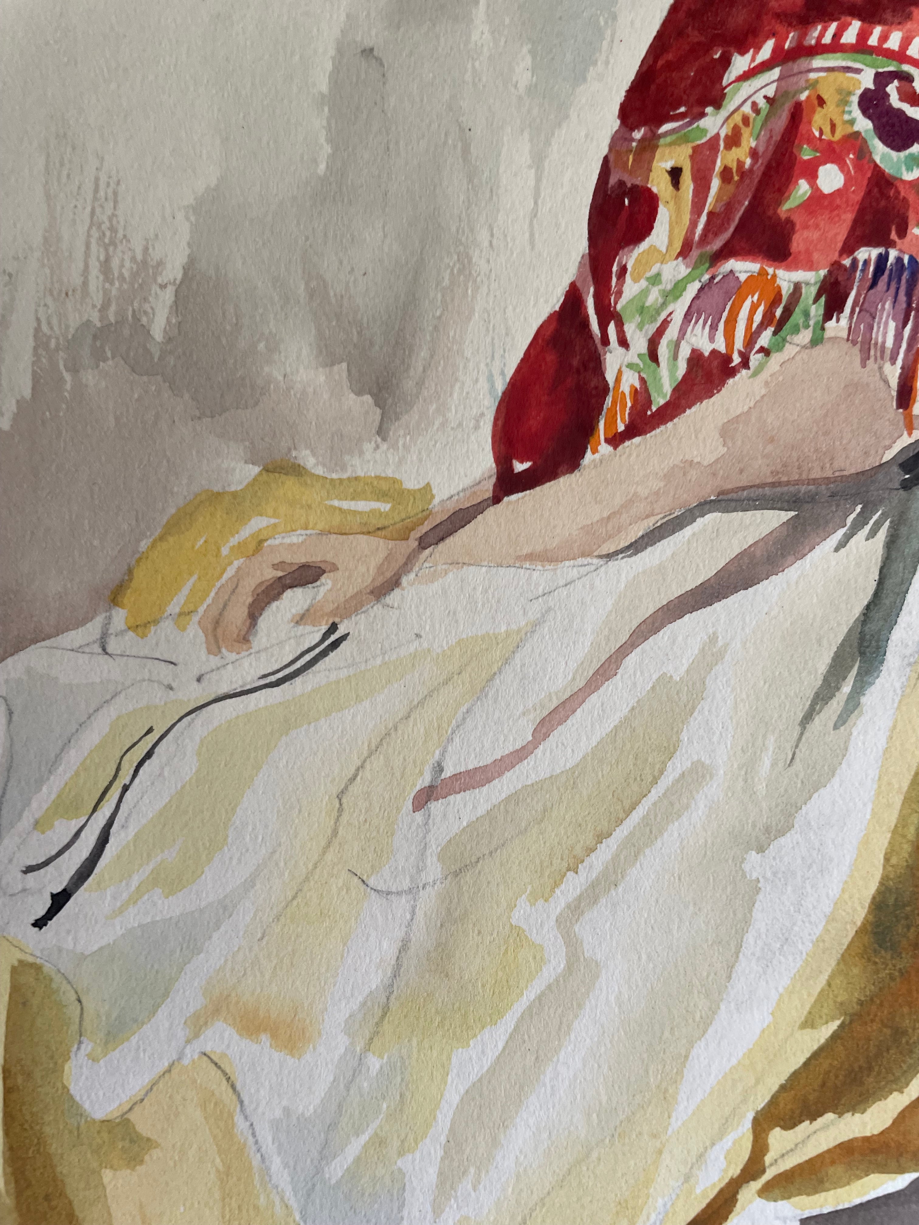 Women with shawl: Watercolour & Ink Painting Circa 1940s
