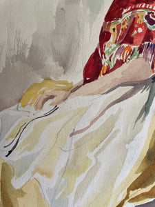 Women with shawl: Watercolour & Ink Painting Circa 1940s