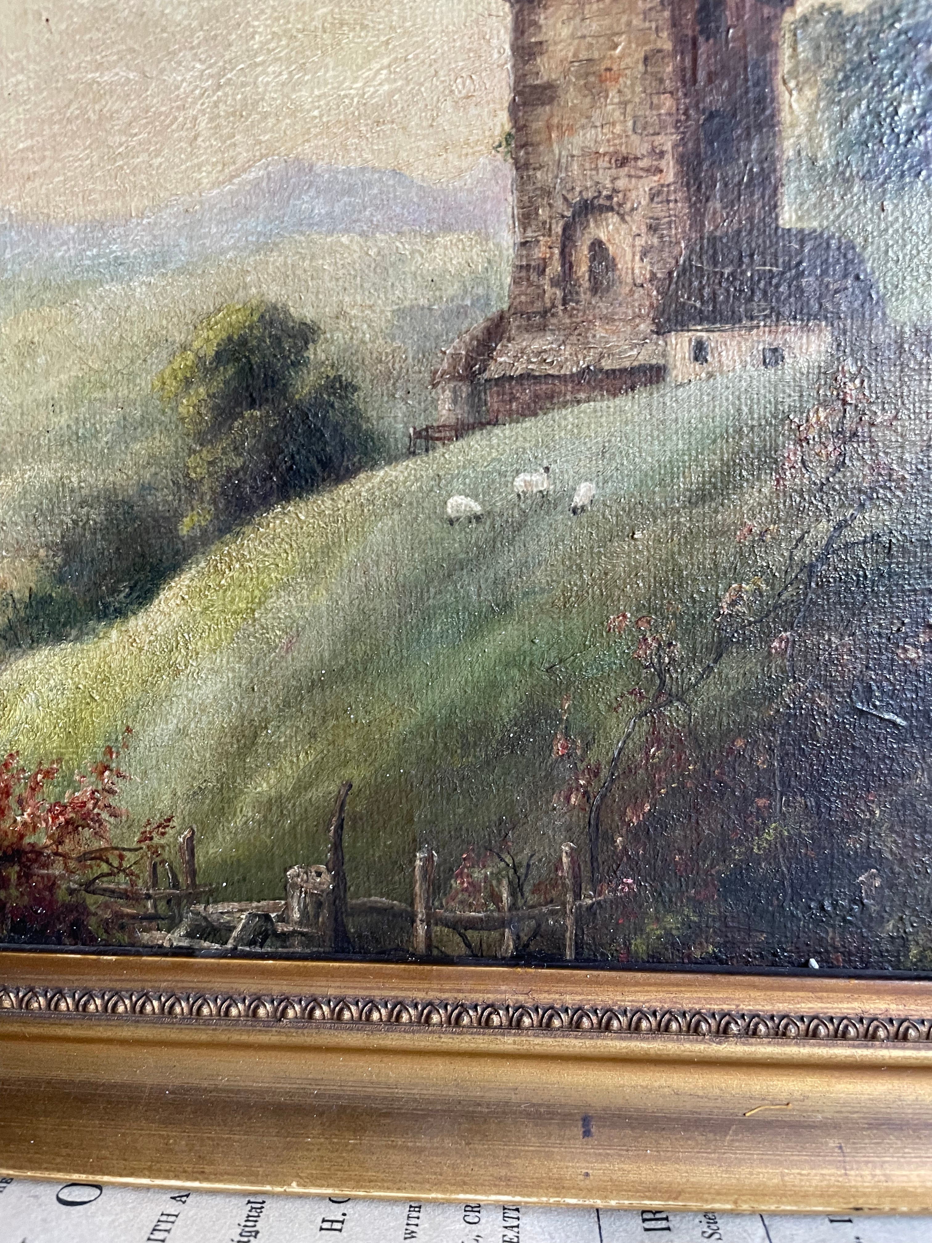 Sheep on a Hill : Small 19th Century Oil on Canvas