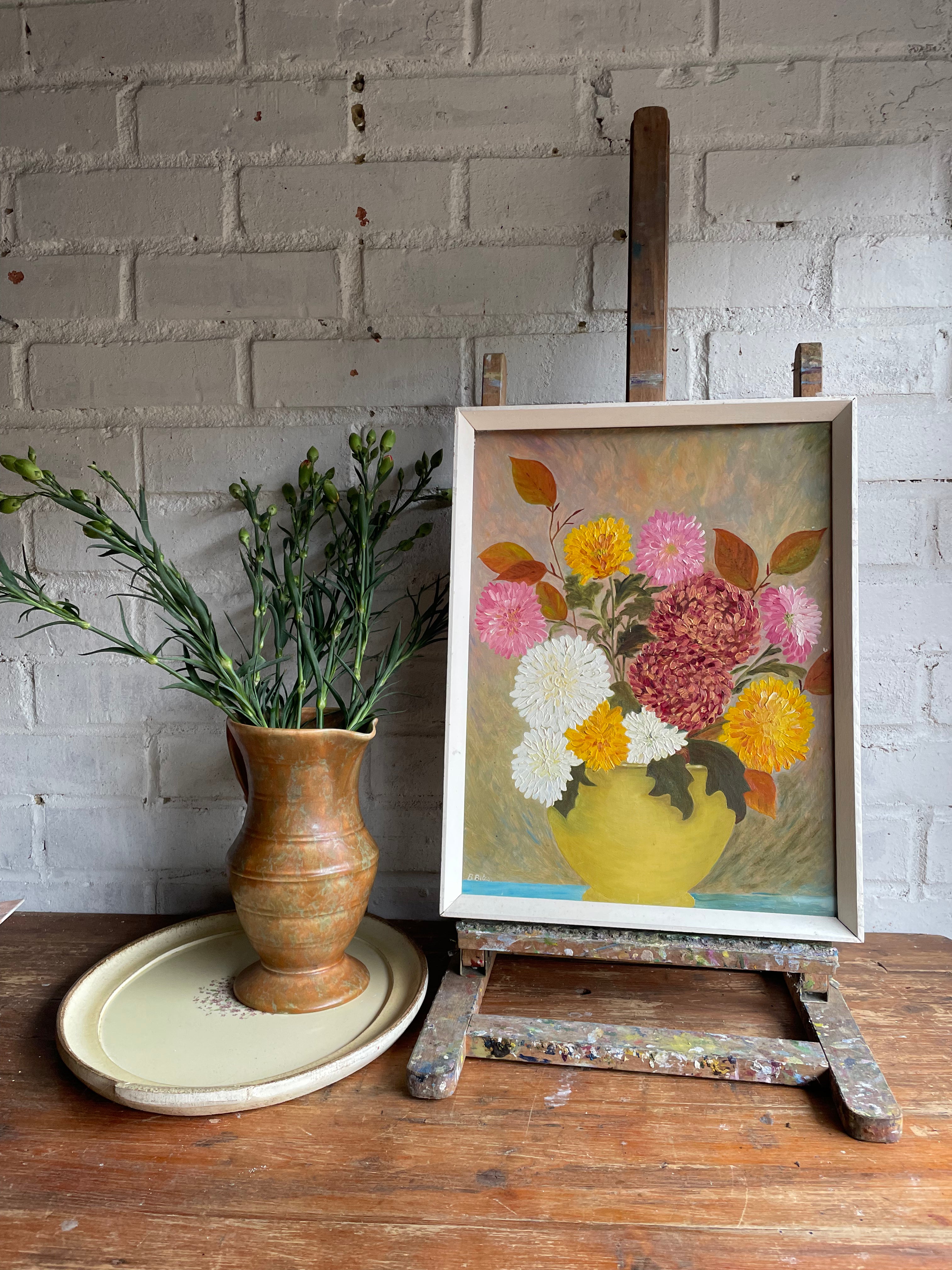 Dahlias: Signed Vintage Oil on Board